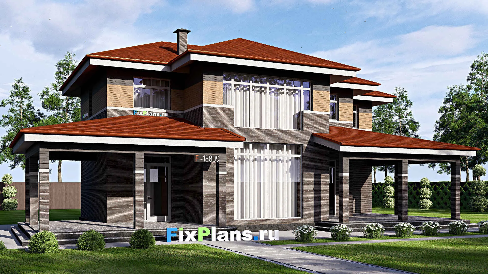 F-18809 - Проект двухэтажного дома 12 на 20, площадью 250 м² с террасой и 2 спальнями