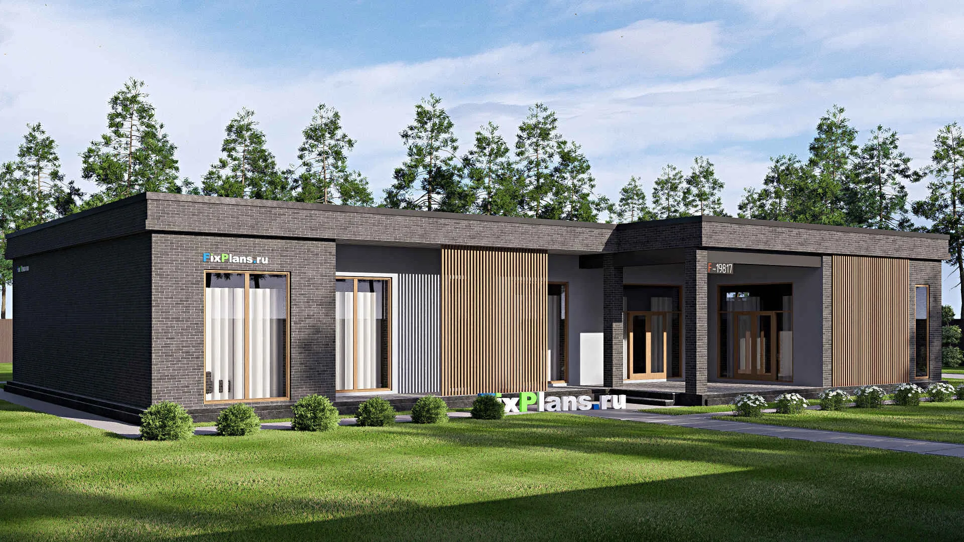 F-19817 - Проект одноэтажного дома 22 на 25, площадью 330 м² с террасой, гаражом на 2 машины и 1 спальнями