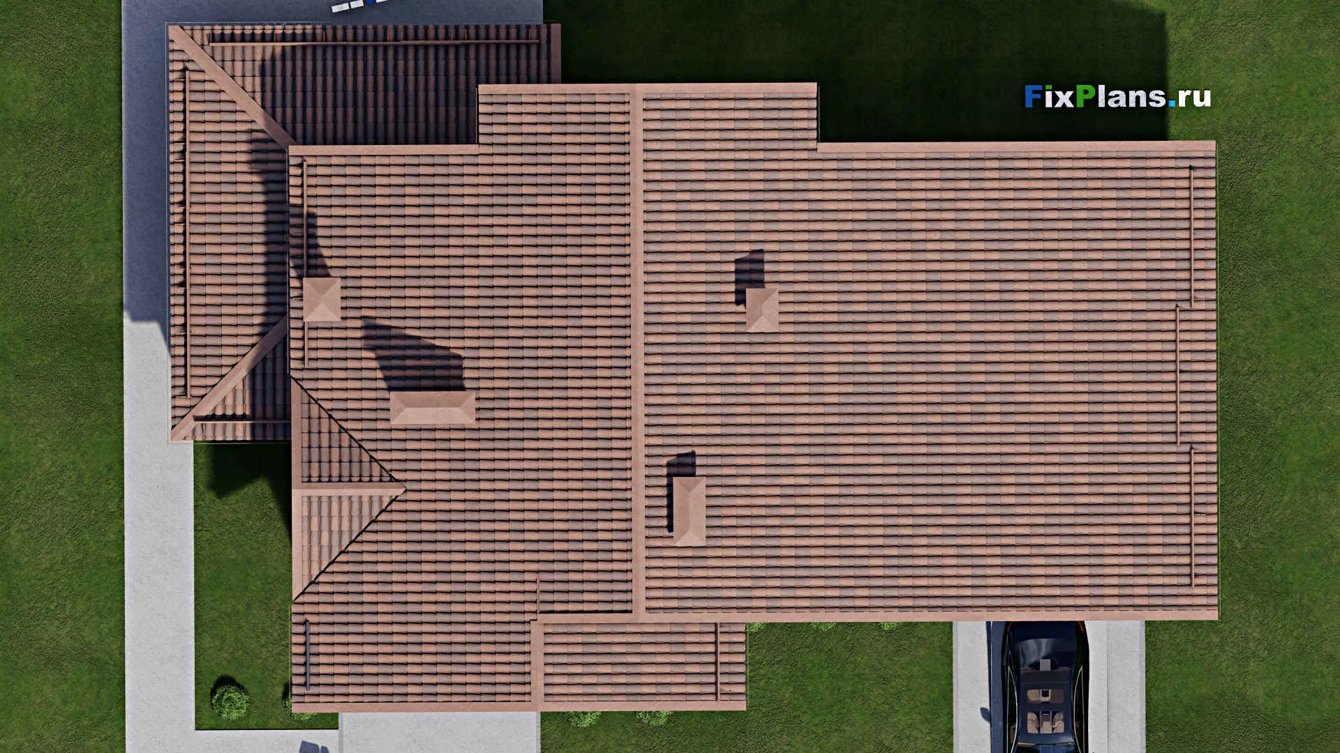 F-10520 - Проект дома с мансардой 14 на 22, площадью 270 м² с террасой, балконом, гаражом на 2 машины и 4 спальнями