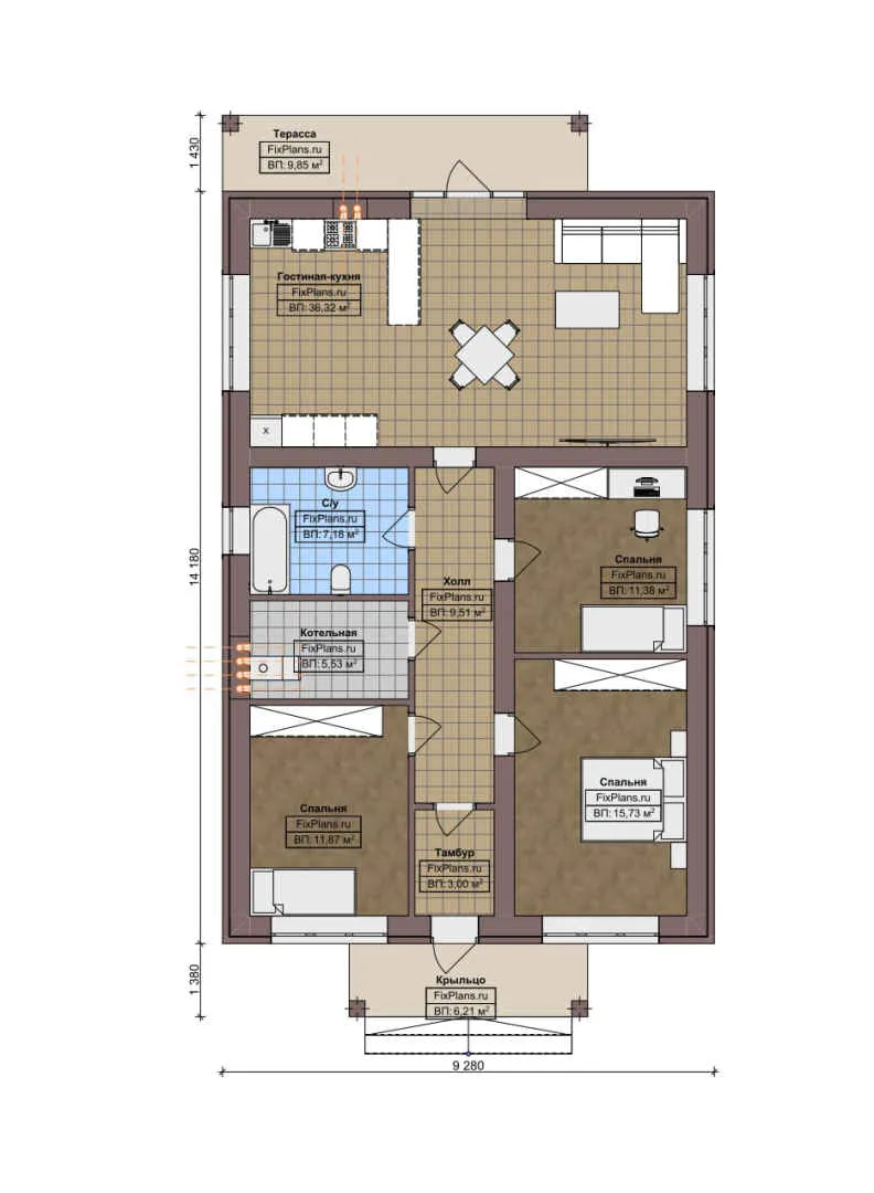 F-7865 - План одноэтажного дома 10 на 15, площадью 120 м² с террасой и 3 спальнями