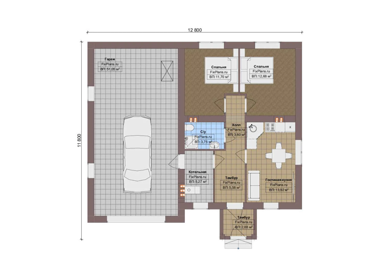 F-17045 - План одноэтажного дома 12 на 13, площадью 120 м² с гаражом на 2 машины и 2 спальнями