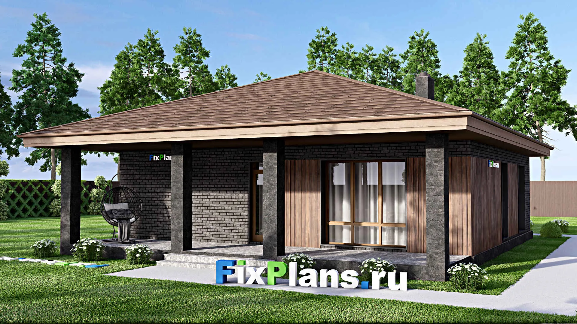 F-14516 - Проект одноэтажного дома 12 на 14, площадью 130 м² с террасой и 3 спальнями