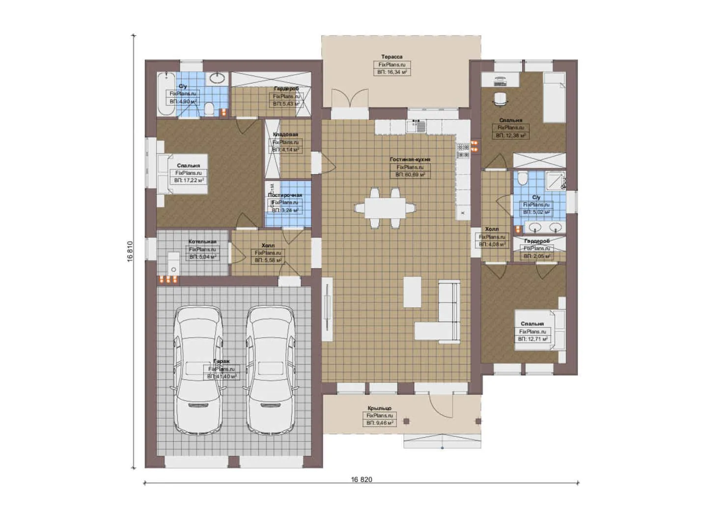 F-16343 - План одноэтажного дома 17 на 17, площадью 210 м² с 3 спальнями