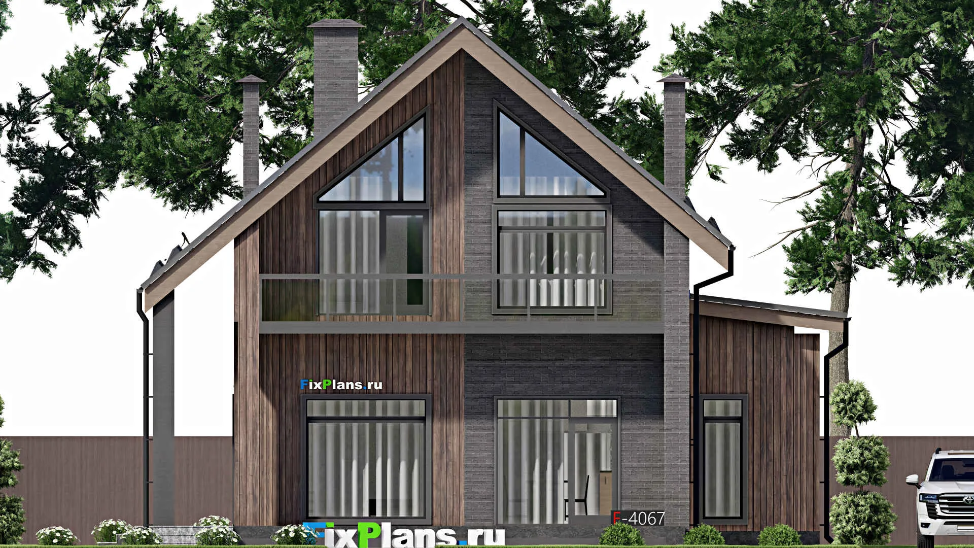 F-4067 - Проект дома с мансардой 13 на 15, площадью 210 м² с террасой, балконом и 3 спальнями