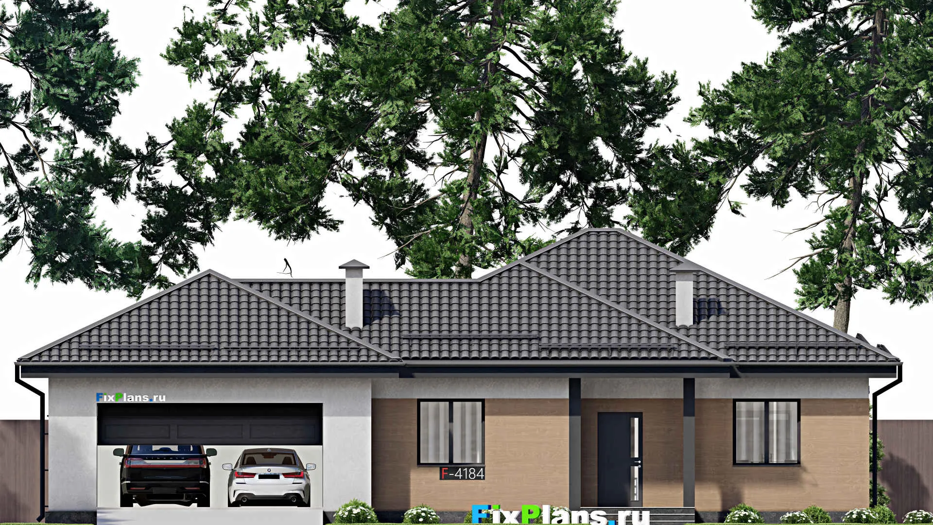 F-4184 - Проект одноэтажного дома 14 на 19, площадью 170 м² с террасой, гаражом на 2 машины и 2 спальнями