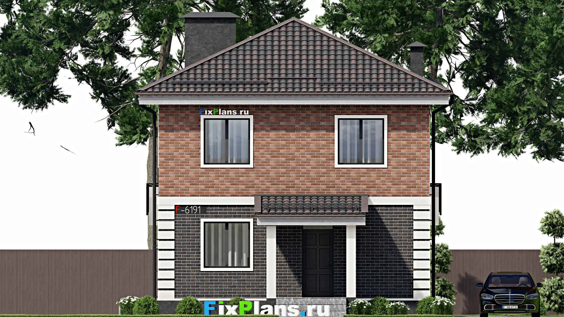 F-6191 - Проект двухэтажного дома 9 на 10, площадью 210 м² с террасой, цокольным этажом и 3 спальнями