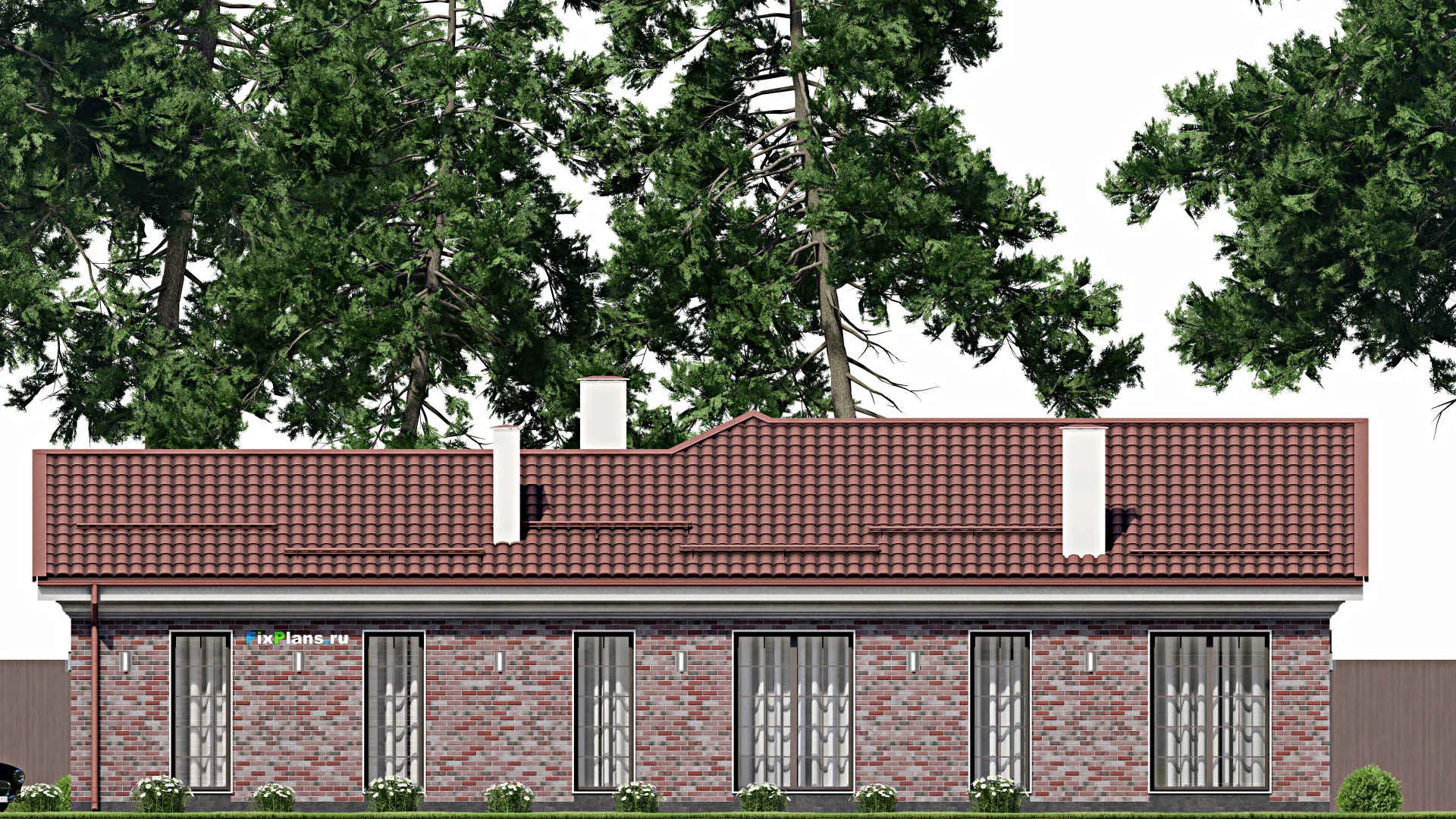 F-1484 - Проект одноэтажного дома 15 на 19, площадью 190 м² с террасой, гаражом на 1 машину и 3 спальнями