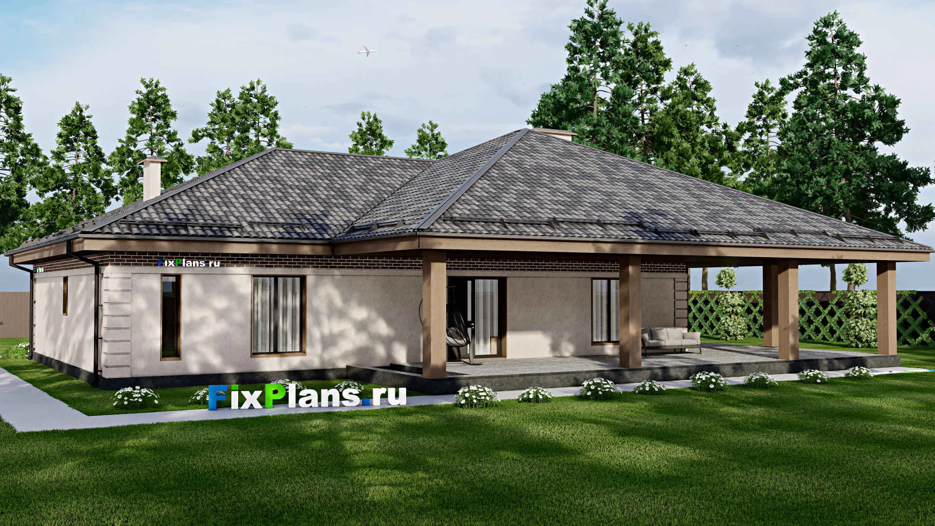 F-7730 - Проект одноэтажного дома 15 на 19, площадью 310 м² с террасой и 4 спальнями