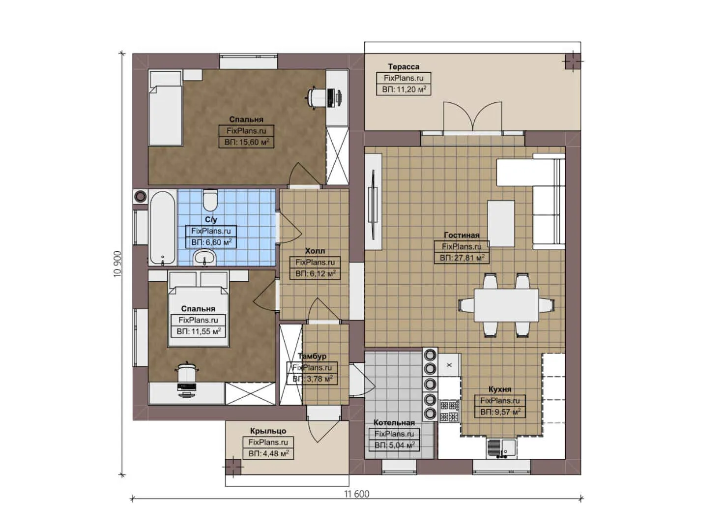 F-4058 - План одноэтажного дома 11 на 12, площадью 110 м² с террасой и 2 спальнями