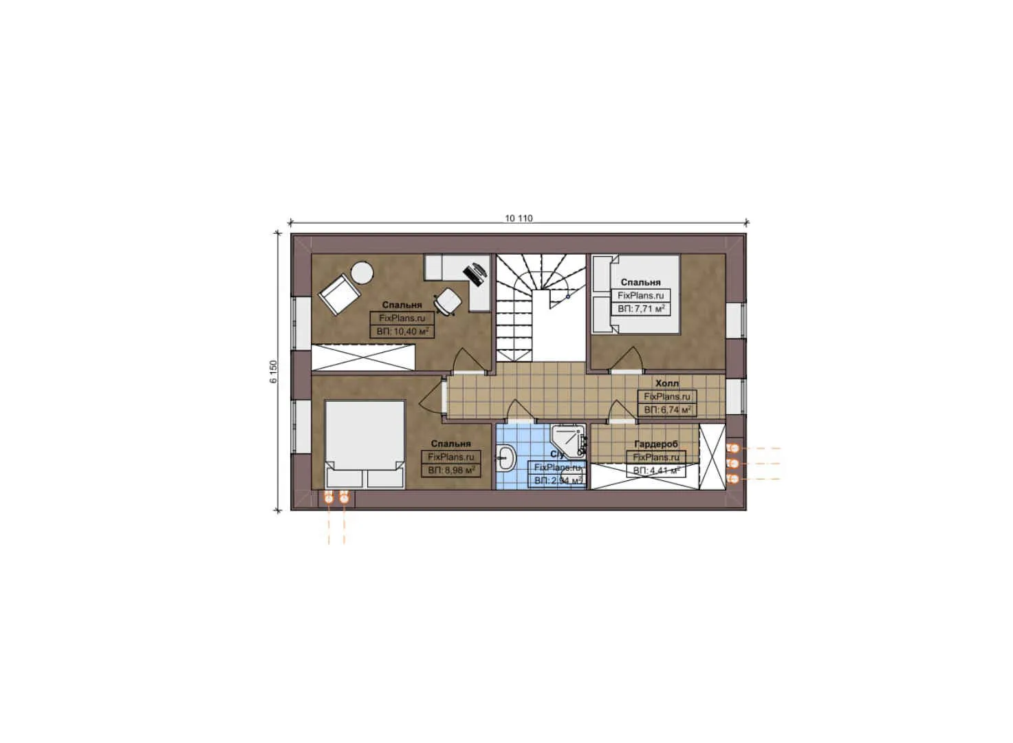 F-6560 - Планы дома с мансардой 7 на 11, площадью 100 м² с 4 спальнями
