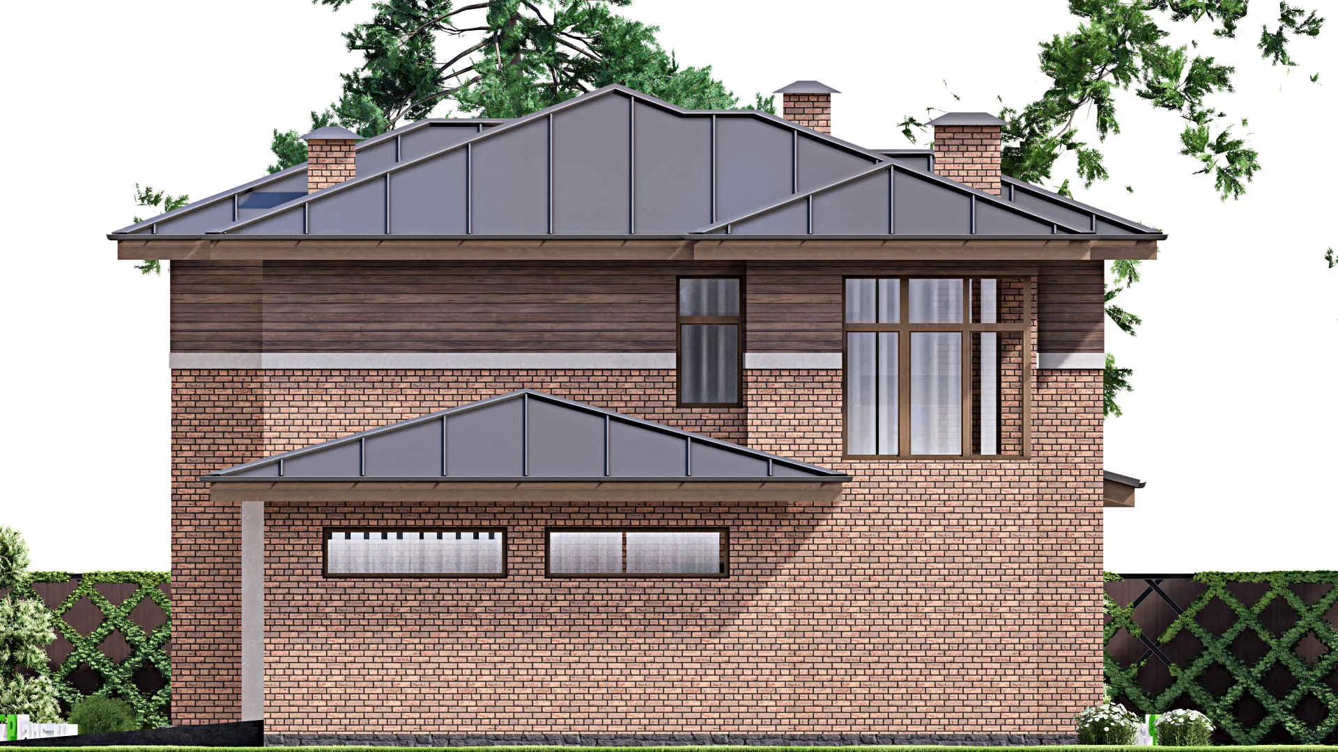 F-16991 - Проект двухэтажного дома 13 на 24, площадью 300 м² с террасой, гаражом на 2 машины и 3 спальнями