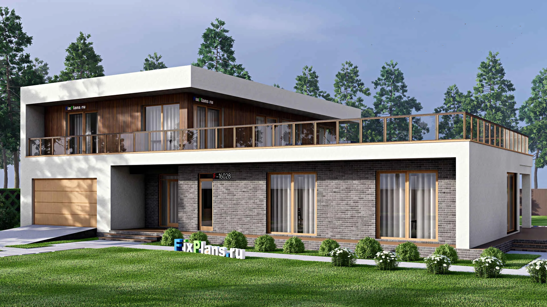 F-16028 - Проект двухэтажного дома 25 на 26, площадью 850 м² с террасой, балконом, гаражом на 2 машины и 5 спальнями