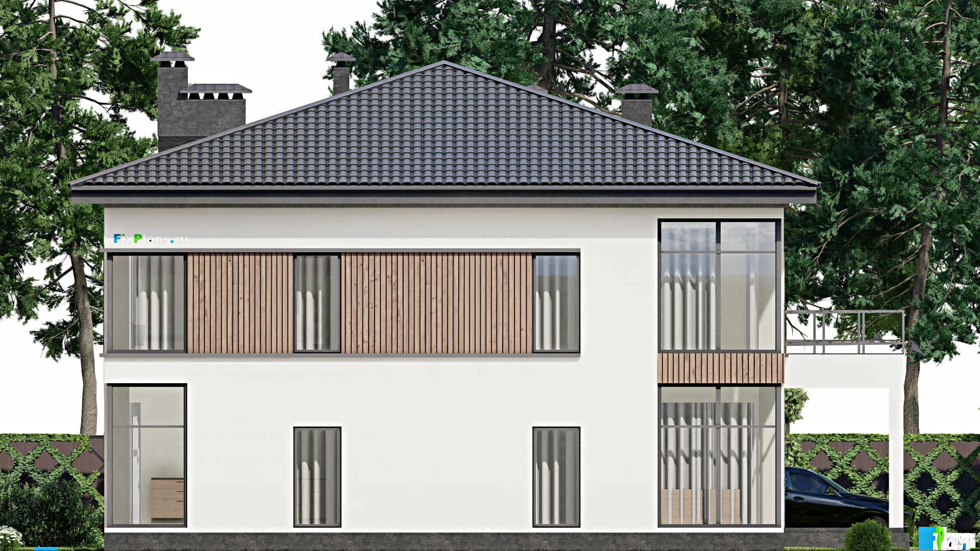 F-5210 - Проект двухэтажного дома 15 на 20, площадью 460 м² с балконом, гаражом на 1 машину, спортзалом и 1 спальнями