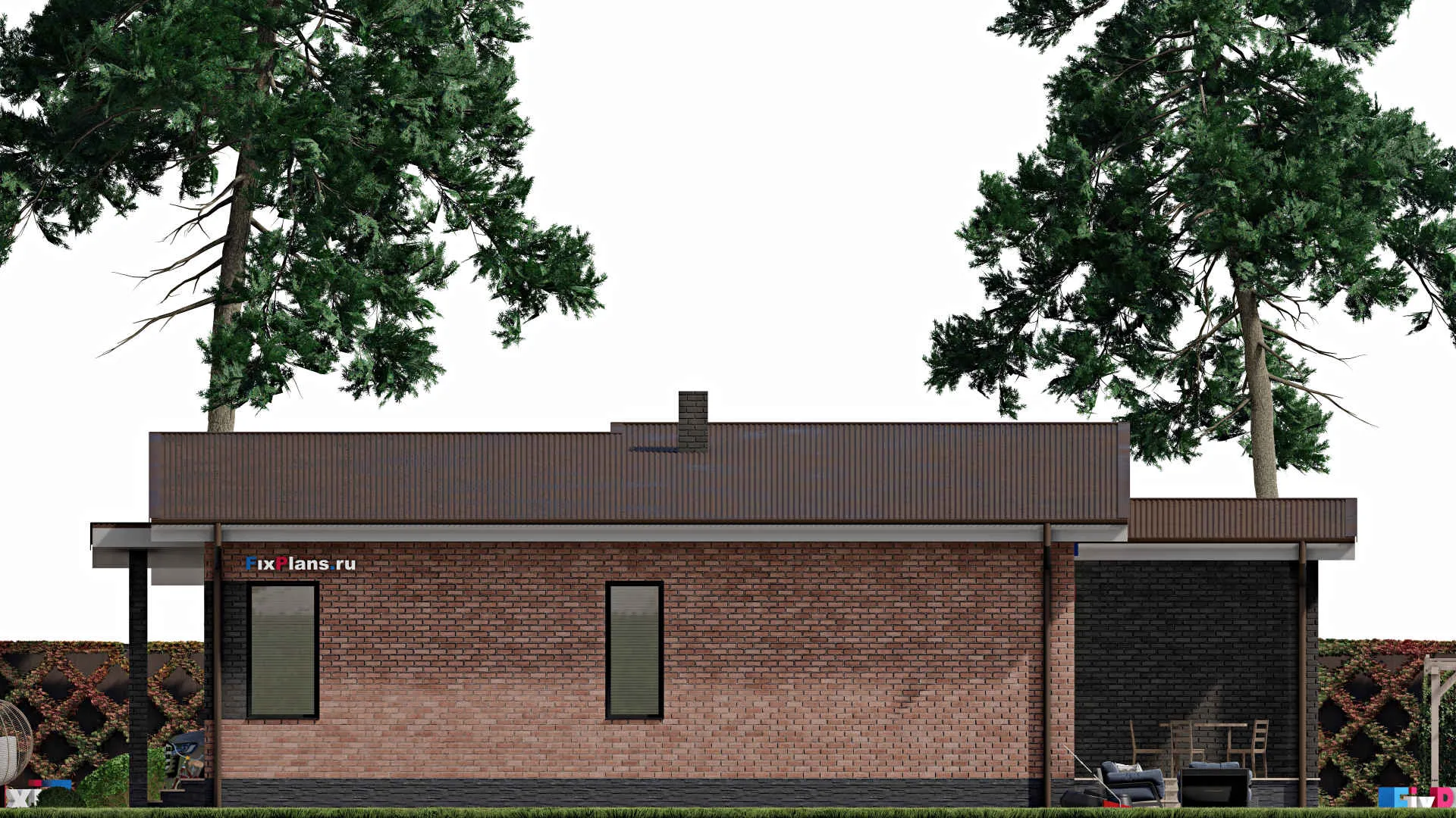 F-0098 - Проект одноэтажного дома 16 на 16, площадью 160 м² с террасой и 3 спальнями