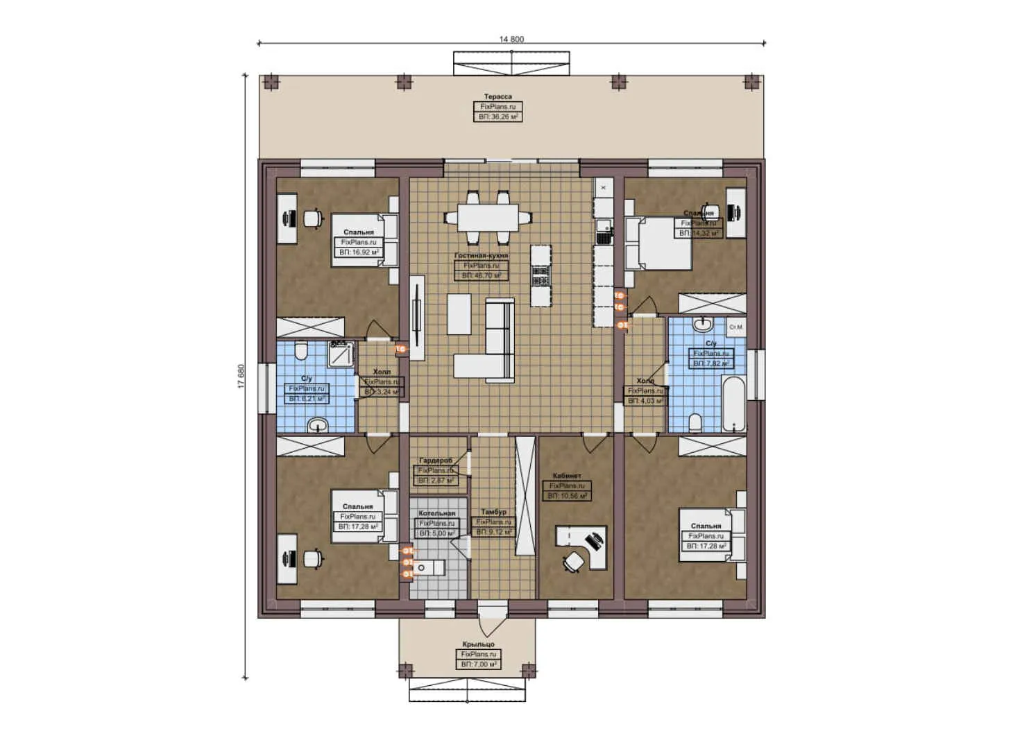 F-6101 - План одноэтажного дома 15 на 18, площадью 210 м² с террасой и 4 спальнями