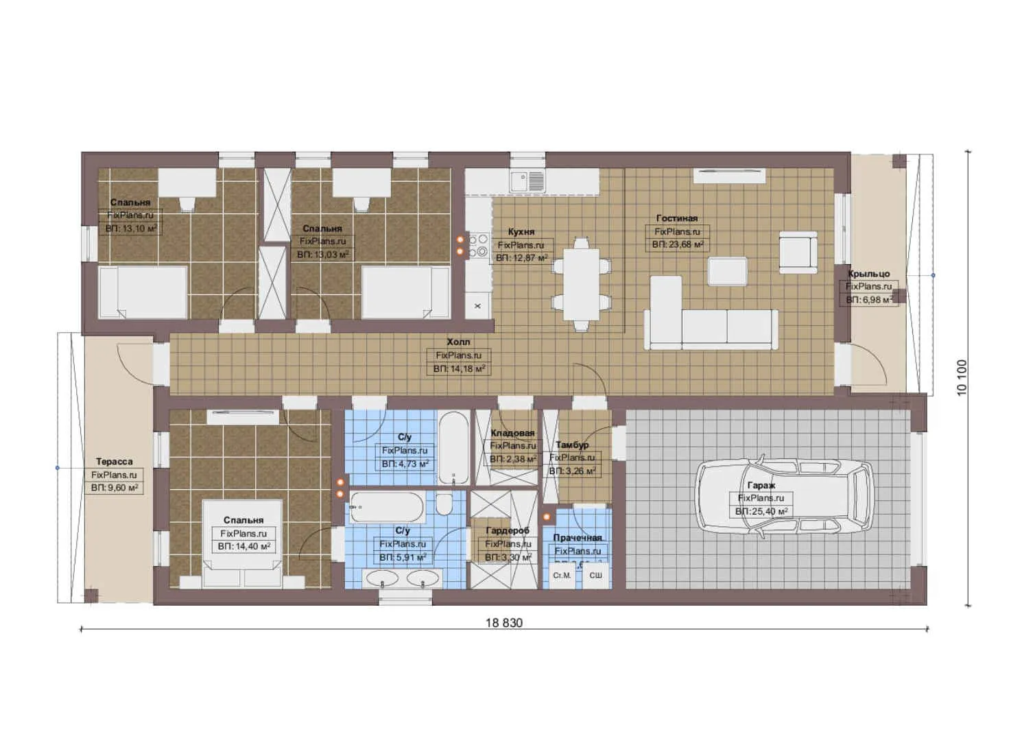 F-16478 - План одноэтажного дома 11 на 19, площадью 160 м² с 3 спальнями