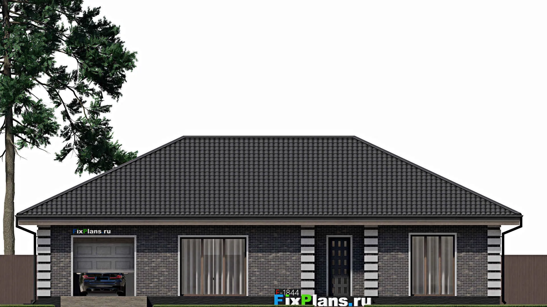 F-1844 - Проект одноэтажного дома 12 на 19, площадью 180 м² с террасой, гаражом на 1 машину и 2 спальнями