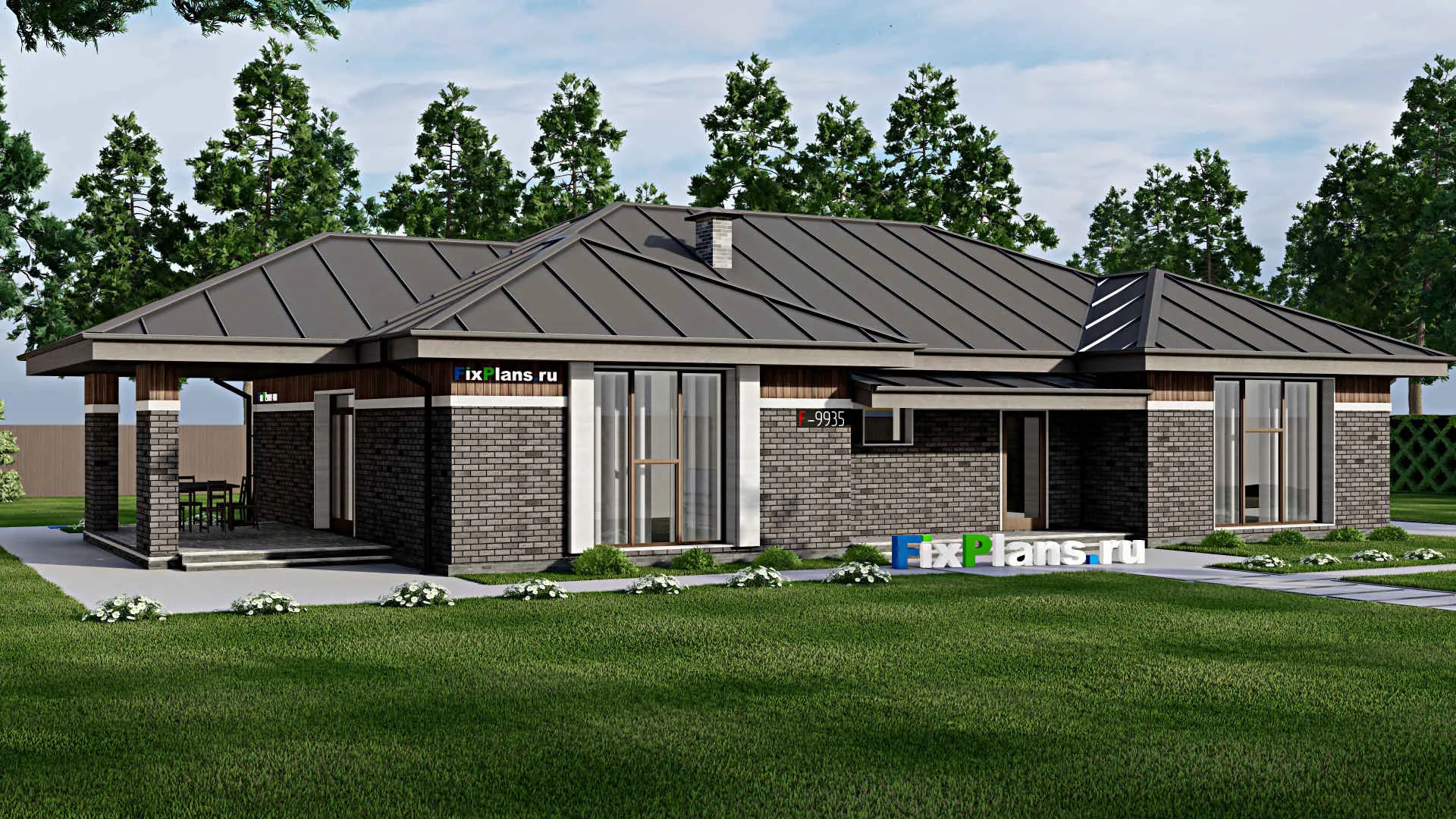F-9935 - Проект одноэтажного дома 16 на 22, площадью 220 м² с террасой и 2 спальнями