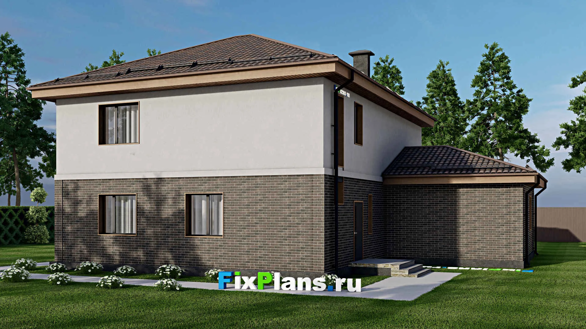 F-7568 - Проект двухэтажного дома 14 на 16, площадью 230 м² с балконом, гаражом на 1 машину и 3 спальнями