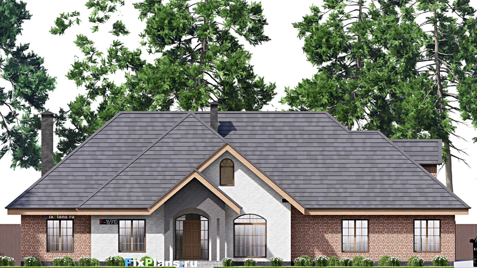 F-16910 - Проект одноэтажного дома 18 на 24, площадью 290 м² с террасой, гаражом на 2 машины и 4 спальнями