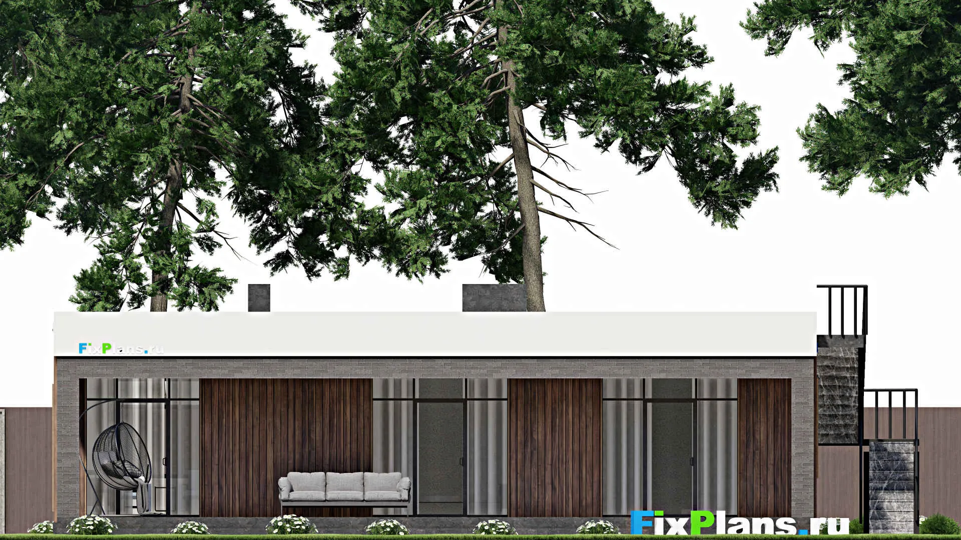 F-5201 - Проект одноэтажного дома 14 на 14, площадью 150 м² с террасой и 3 спальнями