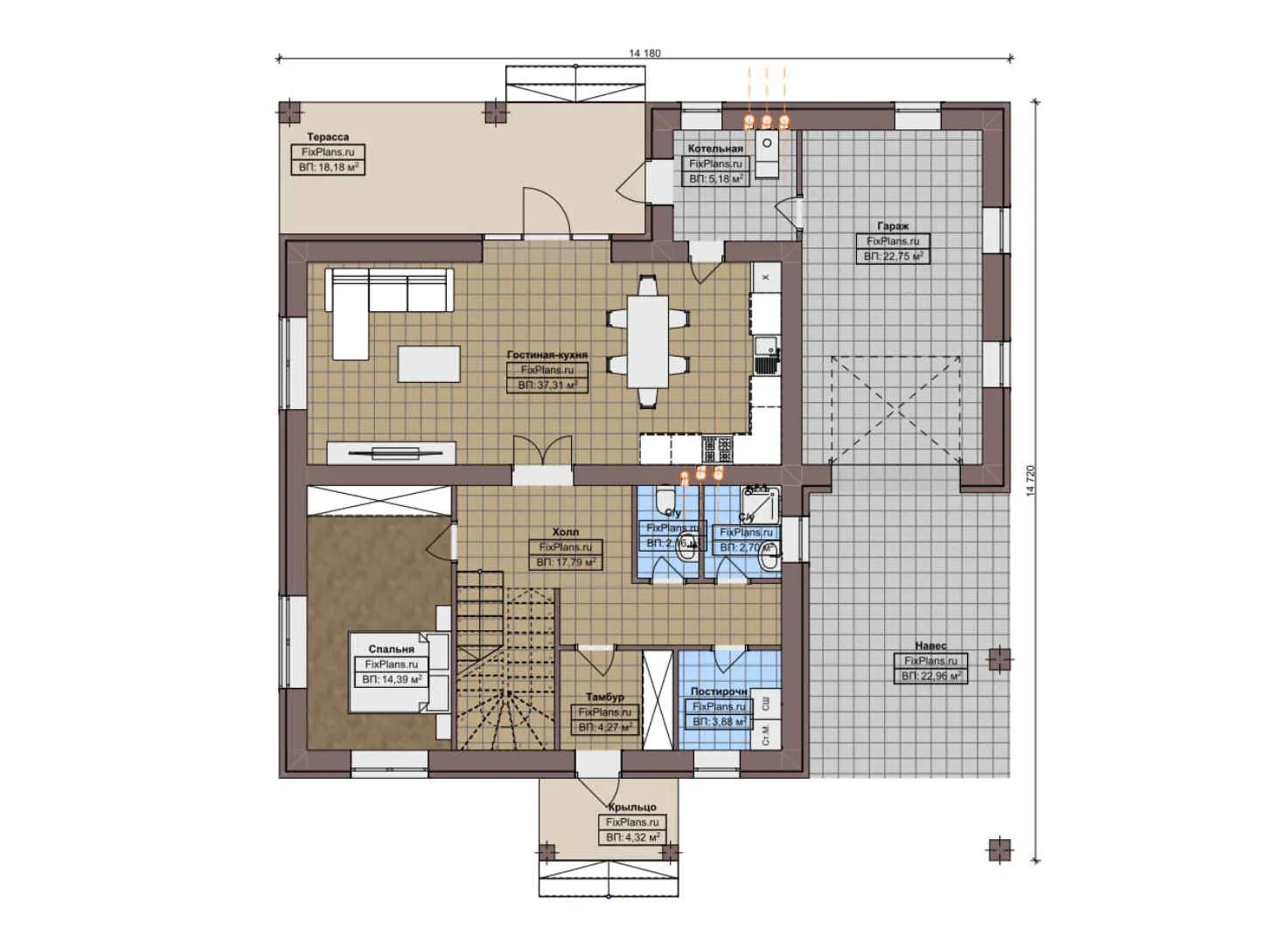 F-7199 - Планы двухэтажного дома 15 на 15, площадью 240 м² с террасой, гаражом на 1 машину и 4 спальнями