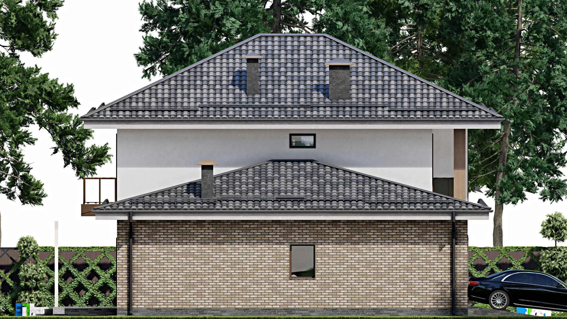 F-10142 - Проект двухэтажного дома 15 на 17, площадью 250 м² с террасой, балконом, гаражом на 2 машины и 4 спальнями