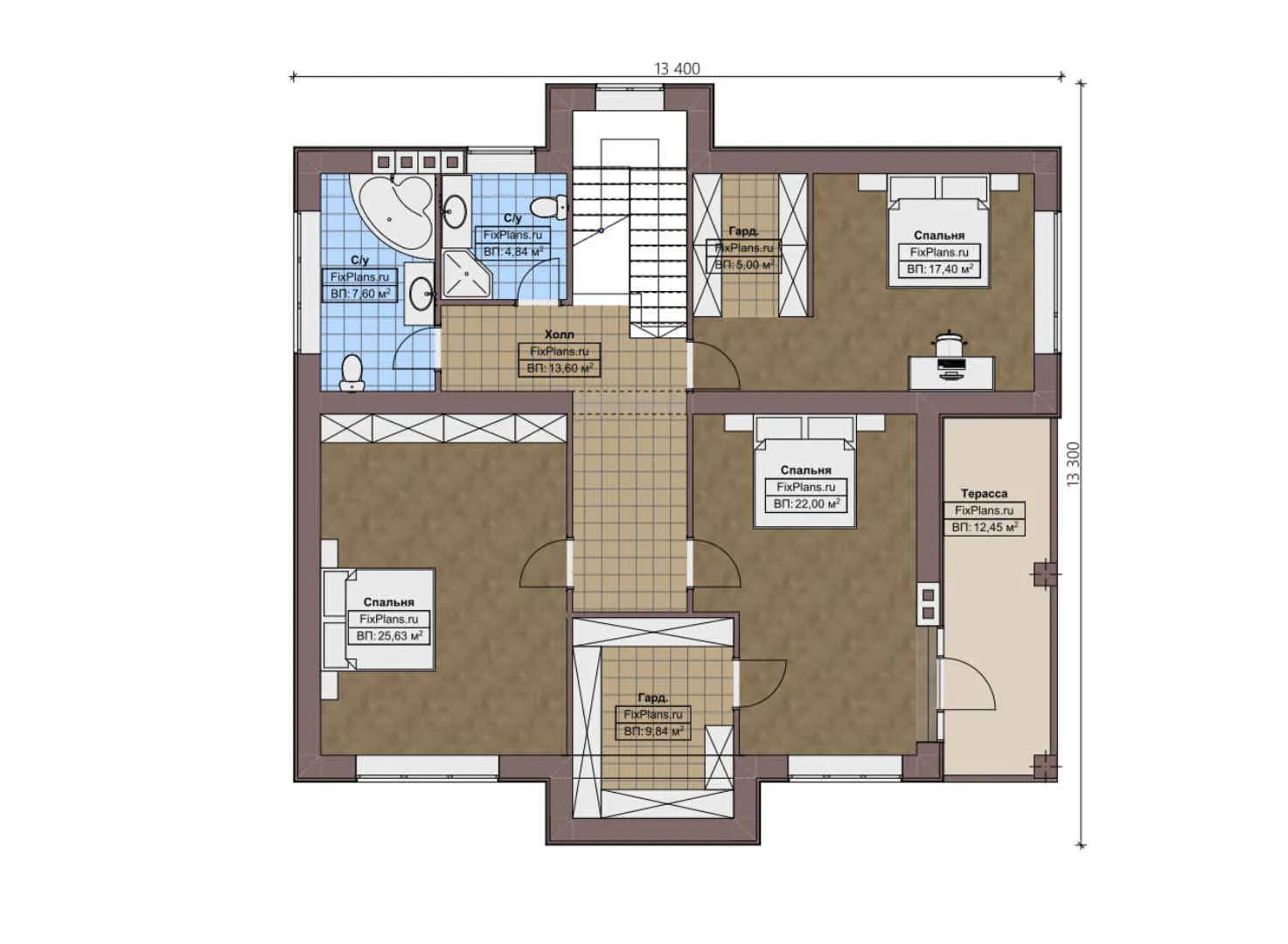 F-3014 - Планы двухэтажного дома 14 на 15, площадью 250 м² с террасой и 4 спальнями