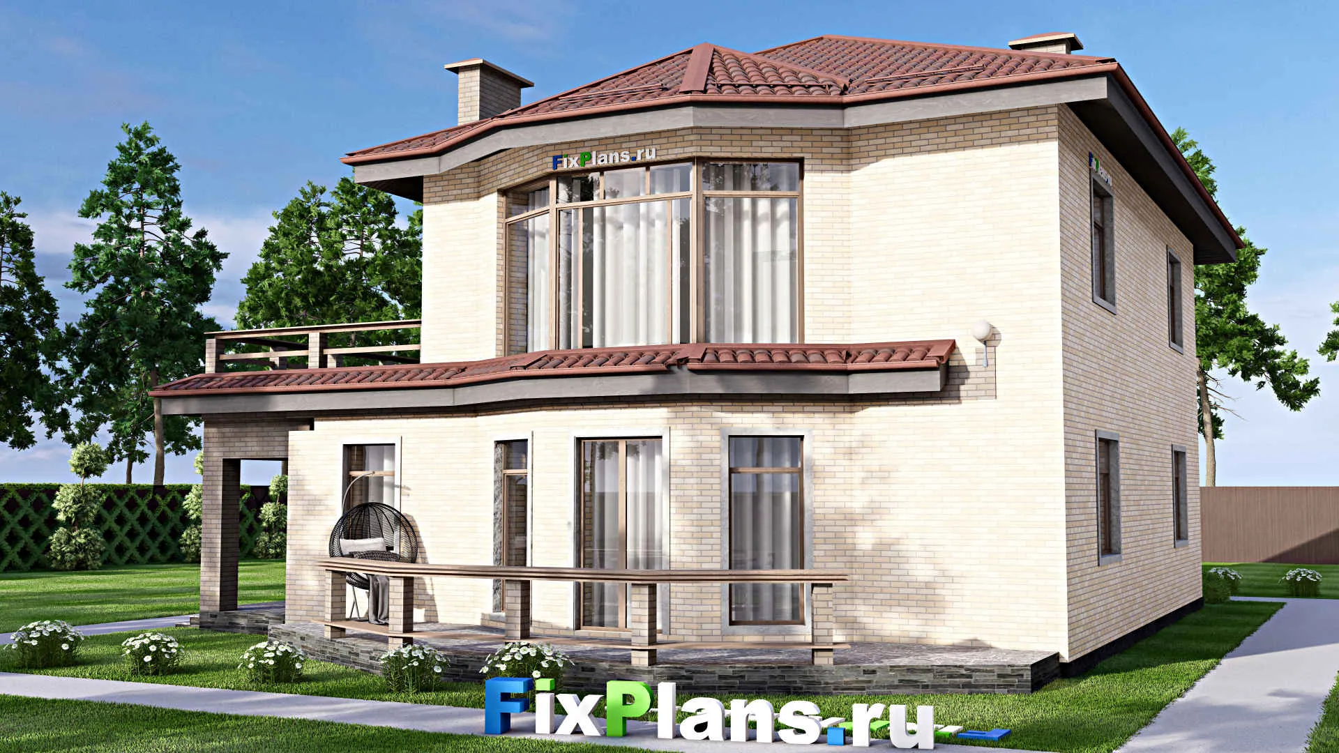 F-12716 - Проект двухэтажного дома 14 на 18, площадью 300 м² с террасой, балконом, гаражом на 1 машину и 3 спальнями