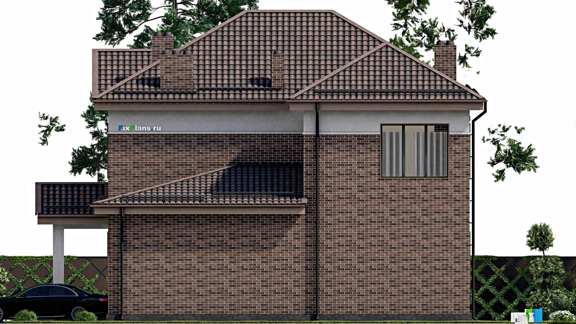 F-2537i - Проект двухэтажного дома 16 на 17, площадью 290 м² с террасой, гаражом на 1 машину и 5 спальнями