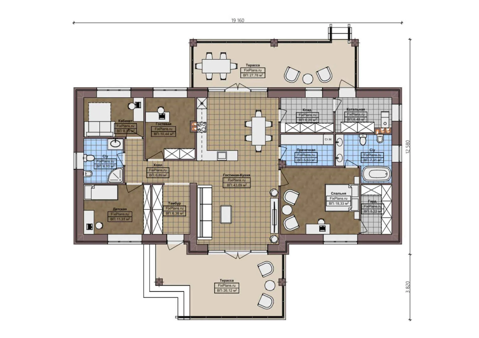 F-0512 - План одноэтажного дома 13 на 20, площадью 200 м² с террасой и 1 спальнями
