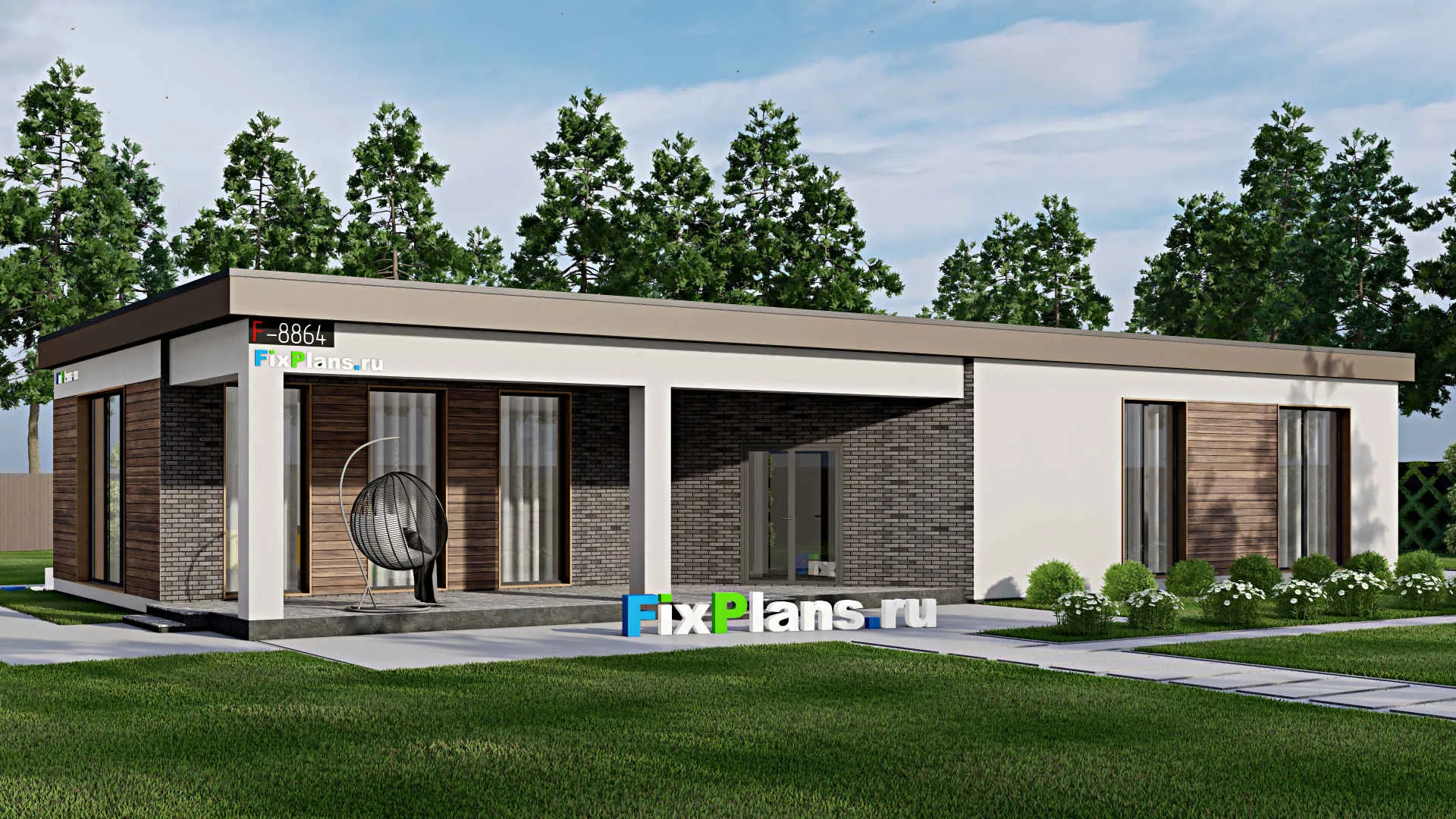 F-8864 - Проект одноэтажного дома 10 на 22, площадью 180 м² с террасой и 3 спальнями