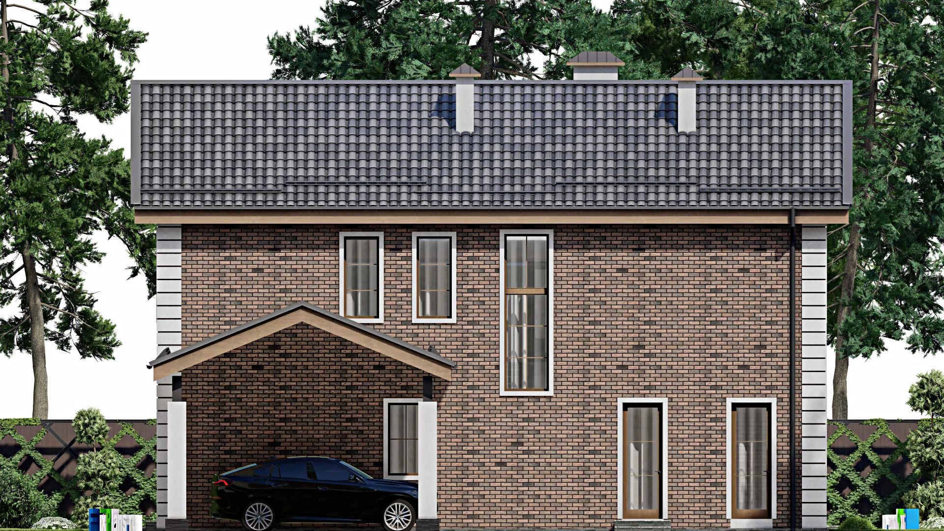 F-10826 - Проект двухэтажного дома 15 на 24, площадью 300 м² с террасой, баней и 3 спальнями