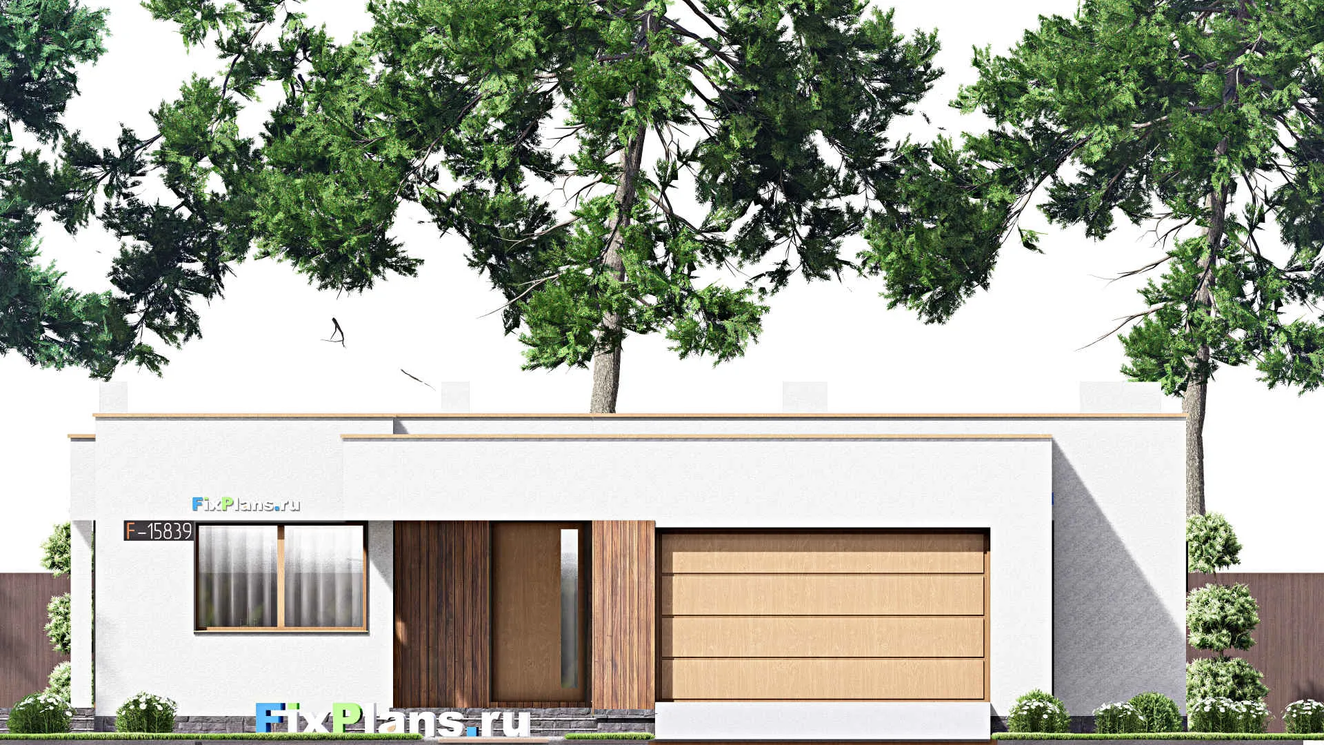 F-15839 - Проект одноэтажного дома 17 на 17, площадью 230 м² с террасой, гаражом на 2 машины и 3 спальнями