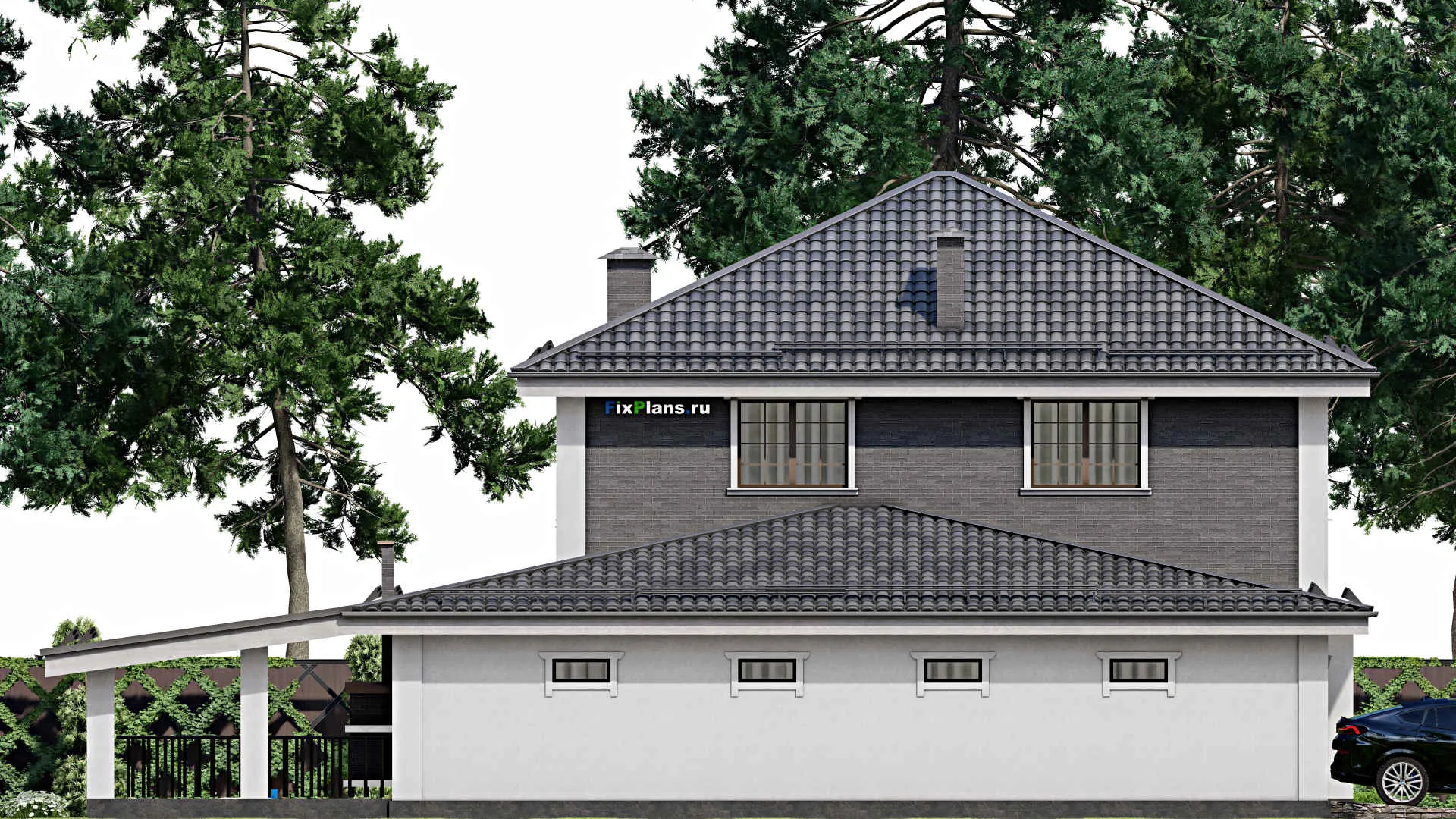 F-12356 - Проект двухэтажного дома 18 на 19, площадью 320 м² с террасой, гаражом на 2 машины и 3 спальнями