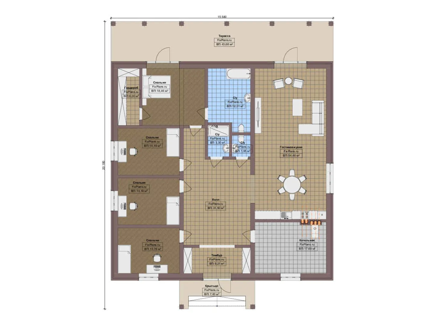 F-13526 - План одноэтажного дома 16 на 21, площадью 250 м² с террасой и 4 спальнями