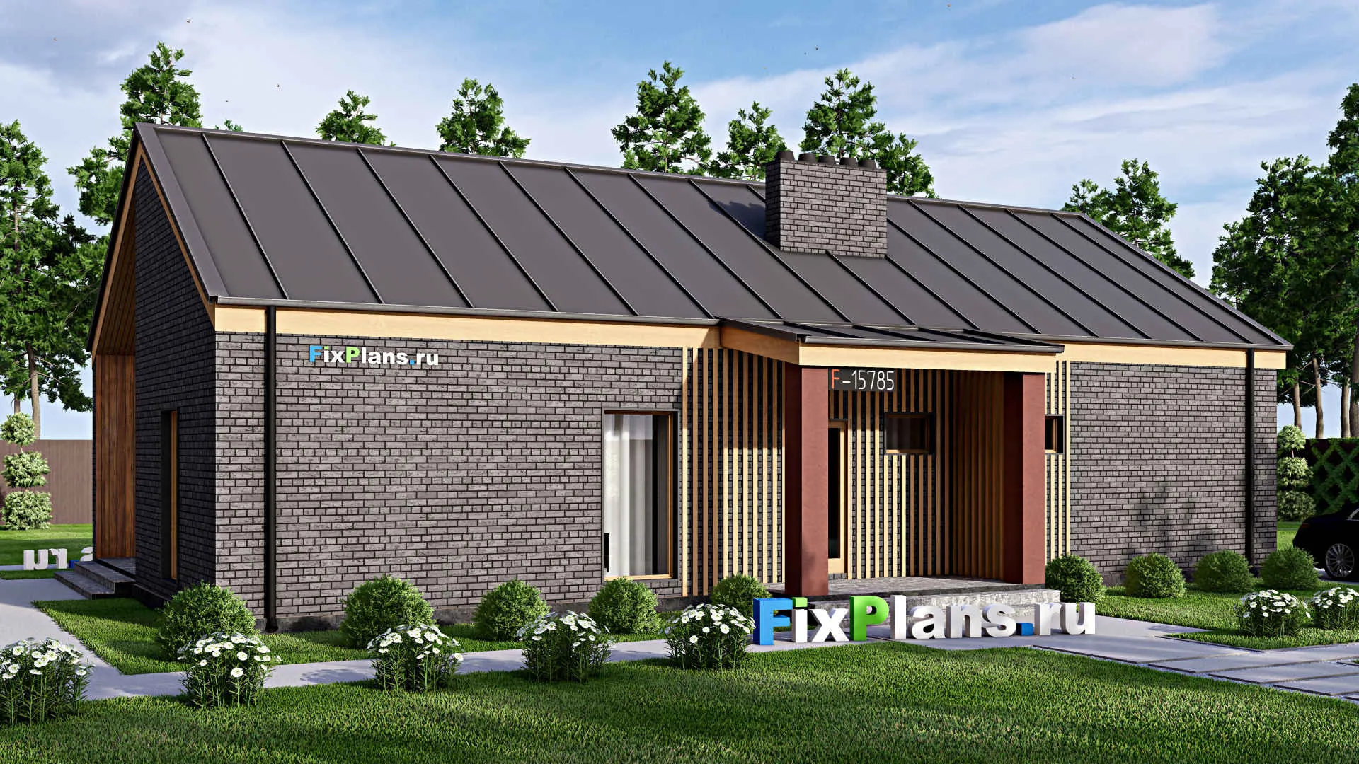 F-15785 - Проект одноэтажного дома 12 на 17, площадью 140 м² с террасой и 3 спальнями