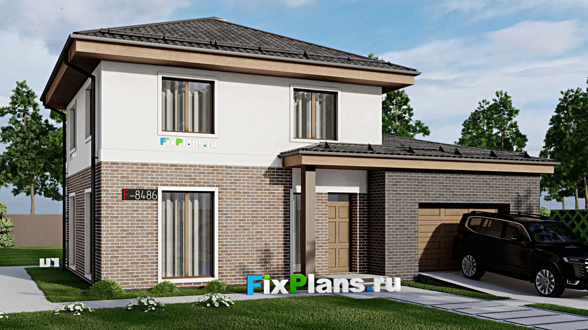 F-8486 - Проект двухэтажного дома 10 на 14, площадью 140 м² с гаражом на 2 машины и 3 спальнями