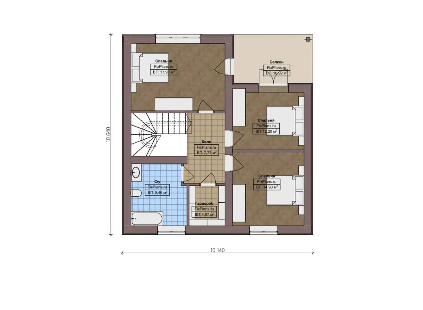 F-2285 - Планы дома с мансардой 11 на 11, площадью 160 м² с террасой, балконом и 3 спальнями