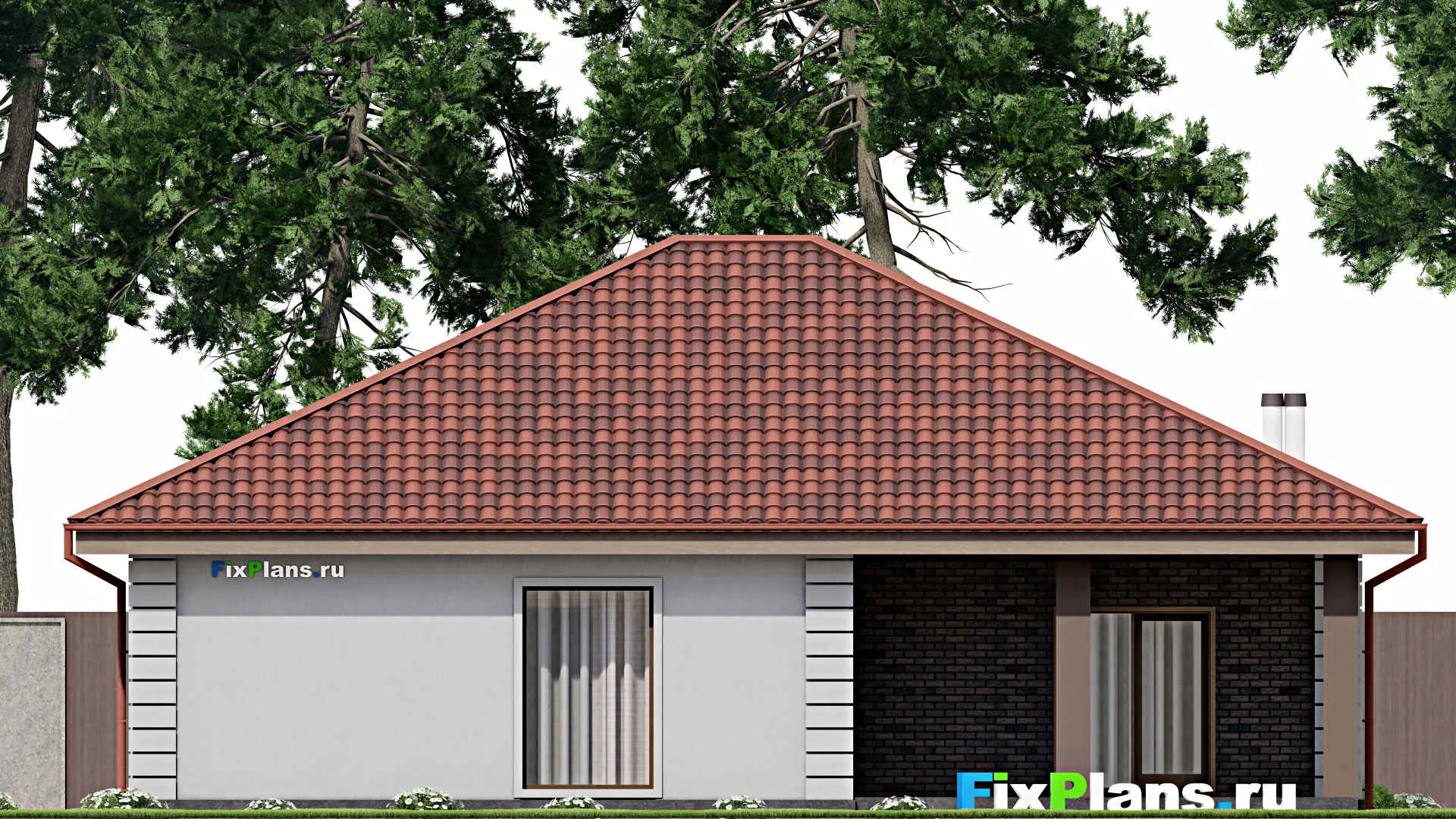 F-9746 - Проект одноэтажного дома 14 на 15, площадью 150 м² с террасой и 3 спальнями