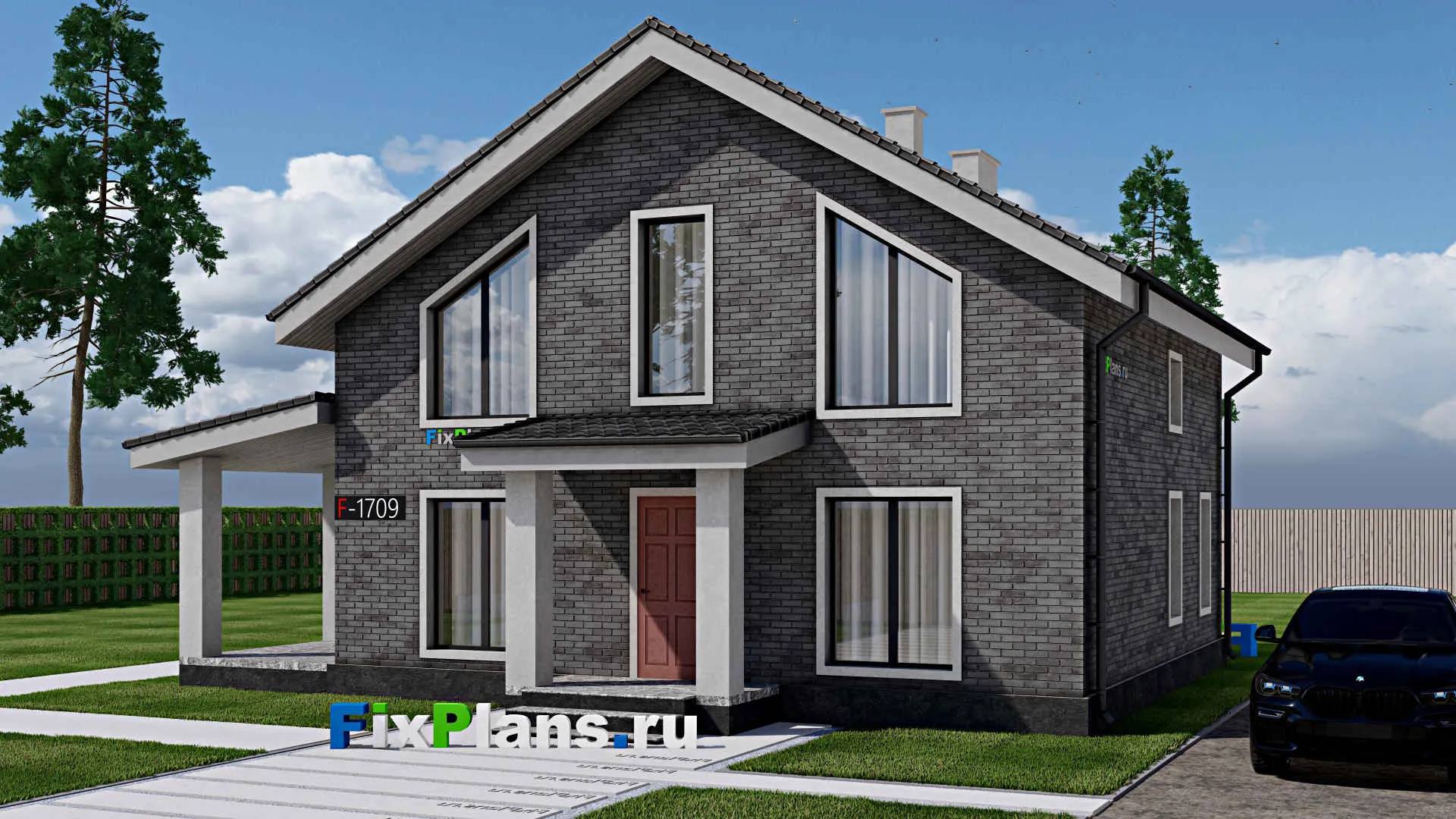 F-1709 - Проект дома с мансардой 10 на 10, площадью 150 м² с террасой и 4 спальнями