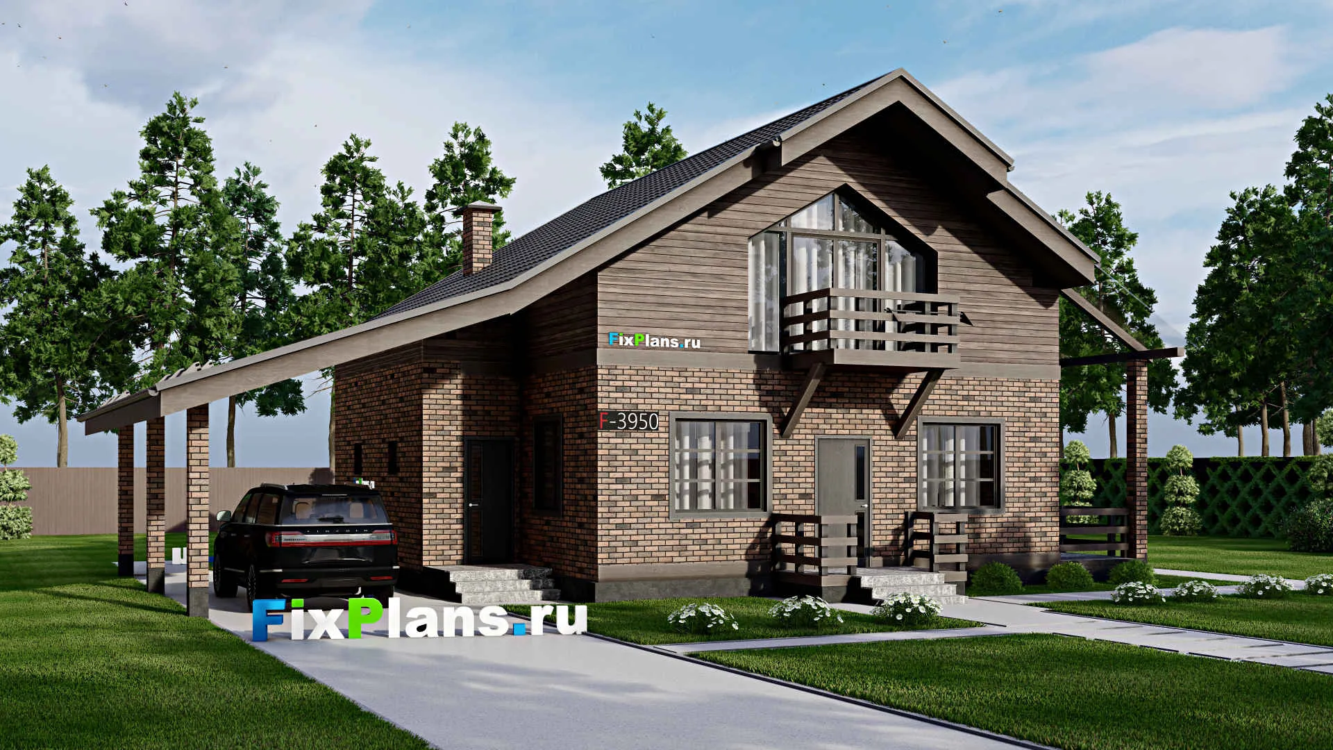 F-3950 - Проект дома с мансардой 10 на 11, площадью 140 м² с террасой, балконом, навесом для машины и 3 спальнями