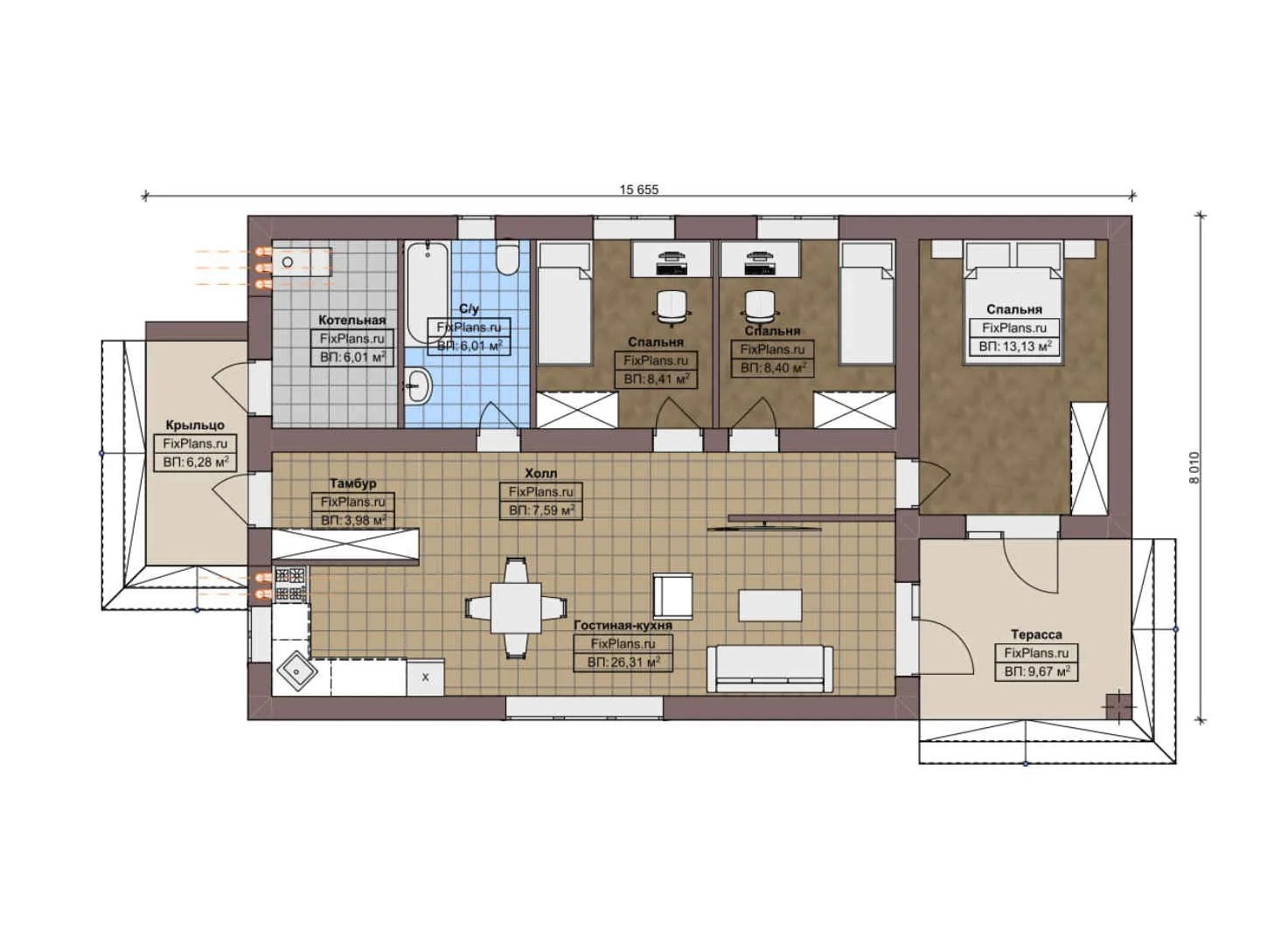F-7973 - План одноэтажного дома 9 на 16, площадью 100 м² с террасой и 3 спальнями
