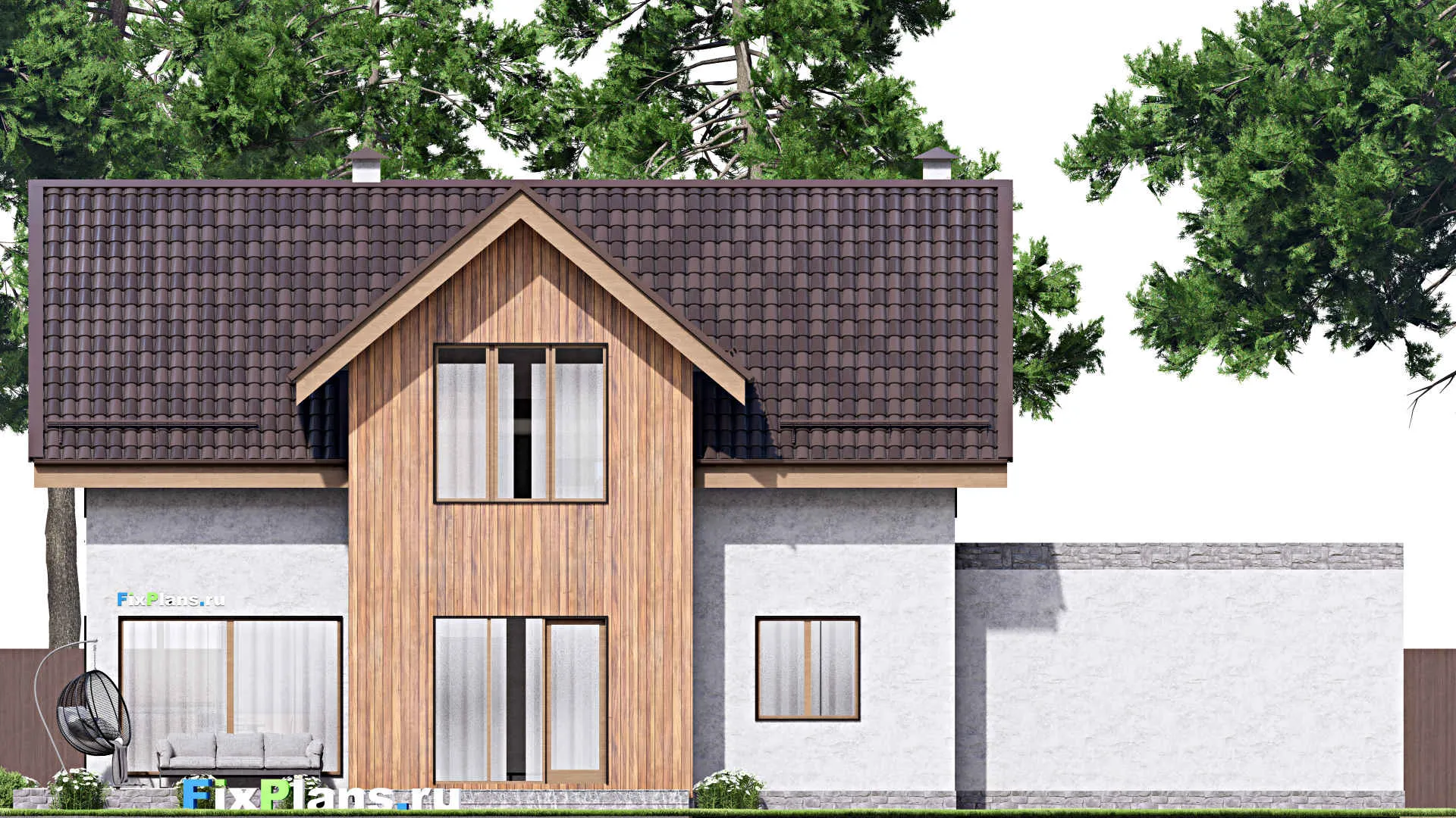 F-15956 - Проект дома с мансардой 13 на 20, площадью 240 м² с террасой, гаражом на 2 машины и 4 спальнями