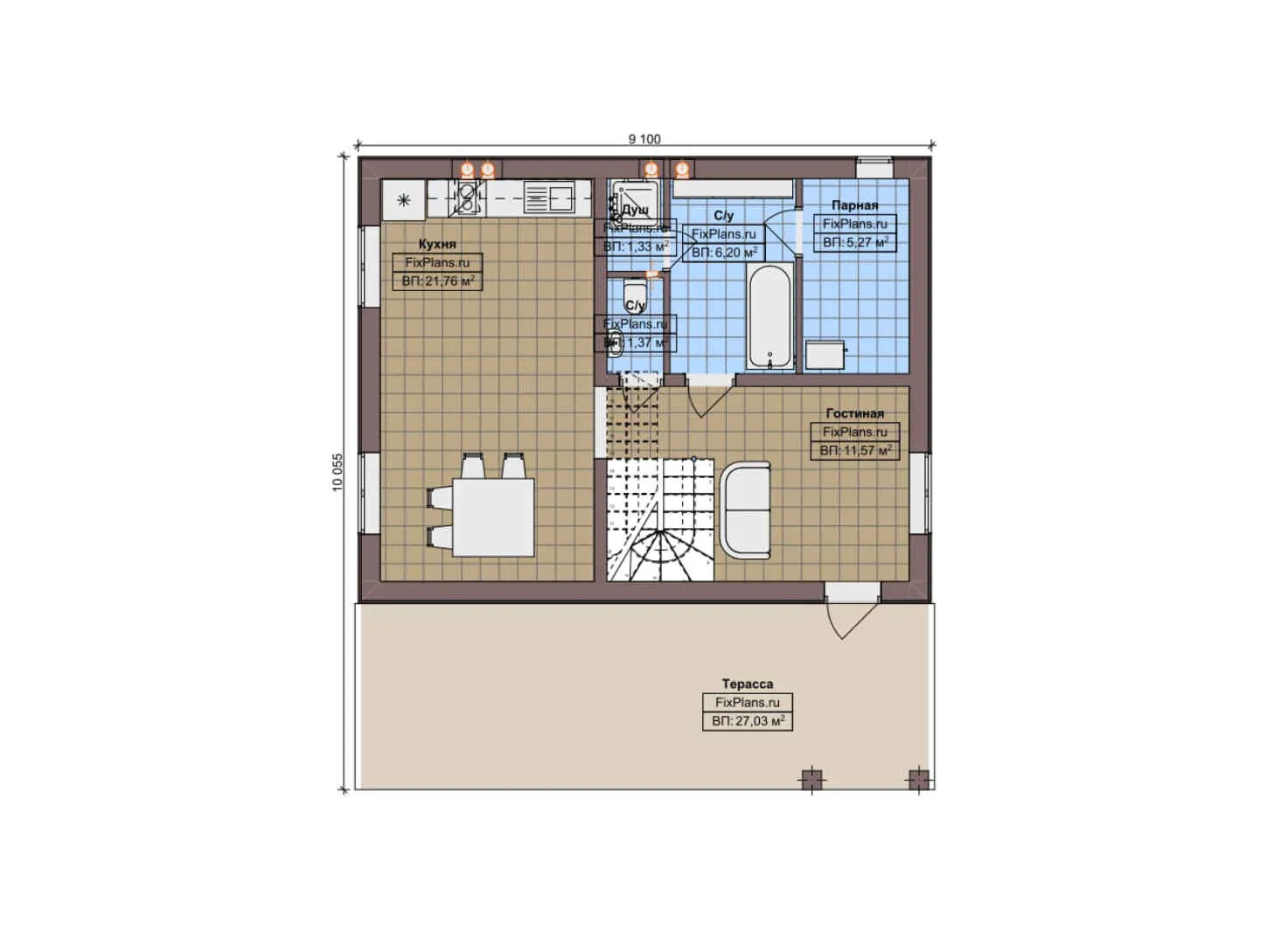 F-7613 - Планы дома с мансардой 10 на 11, площадью 130 м² с террасой, баней и 2 спальнями