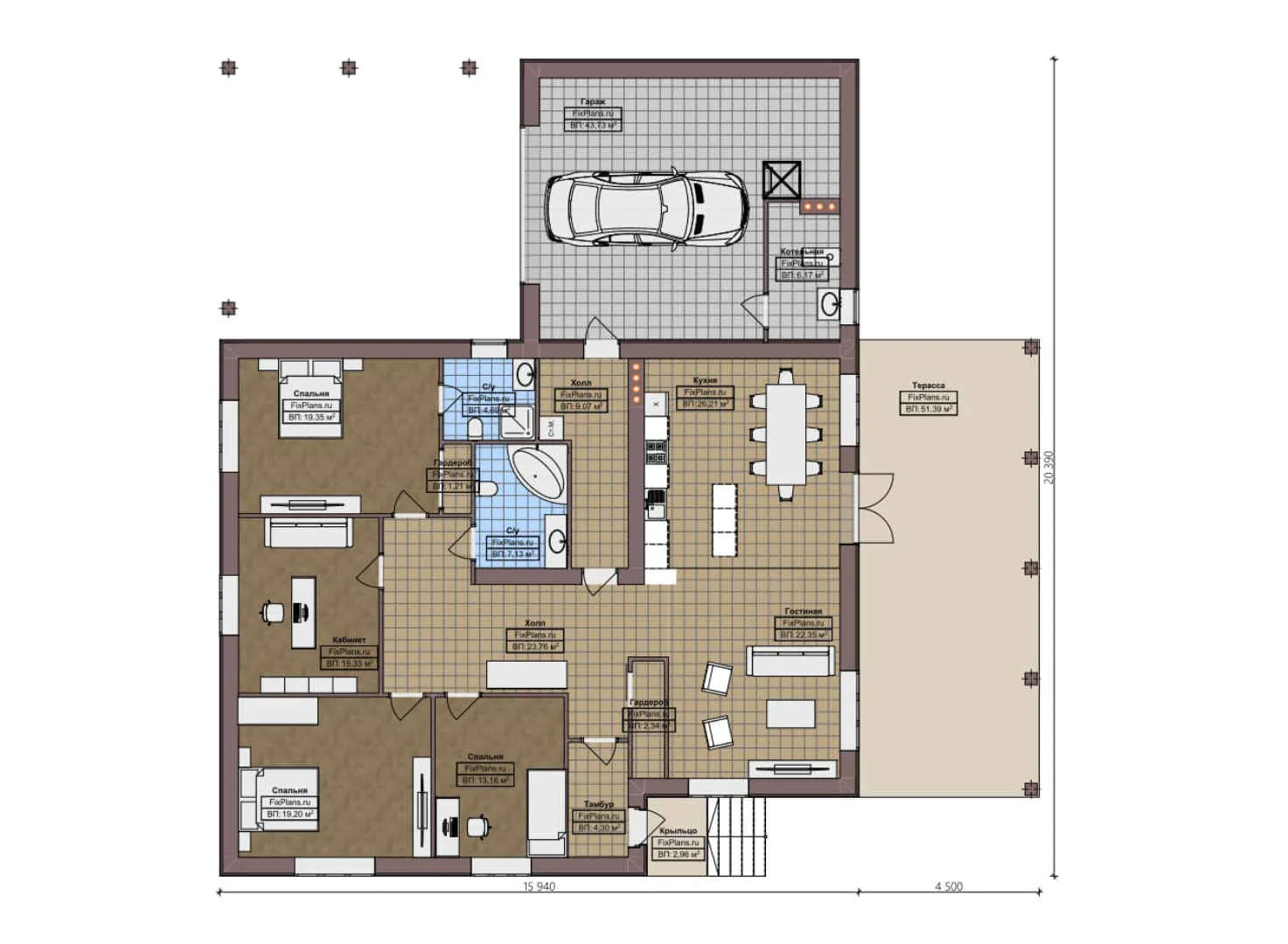 F-2204 - План одноэтажного дома 16 на 21, площадью 280 м² с террасой, гаражом на 2 машины и 3 спальнями