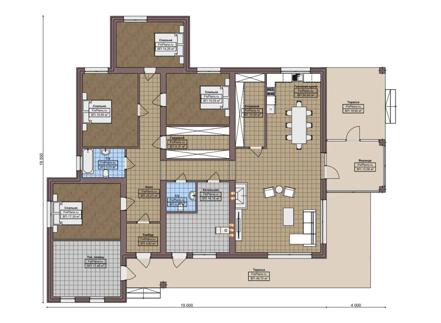 F-8180 - План одноэтажного дома 19 на 20, площадью 300 м² с террасой и 4 спальнями