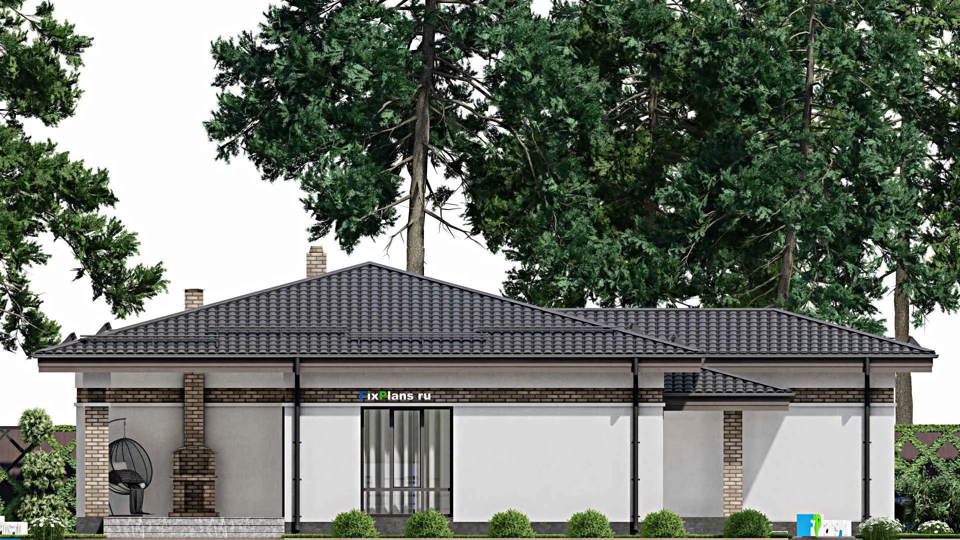 F-2168 - Проект одноэтажного дома 16 на 18, площадью 180 м² с террасой, баней, гаражом на 1 машину и 2 спальнями