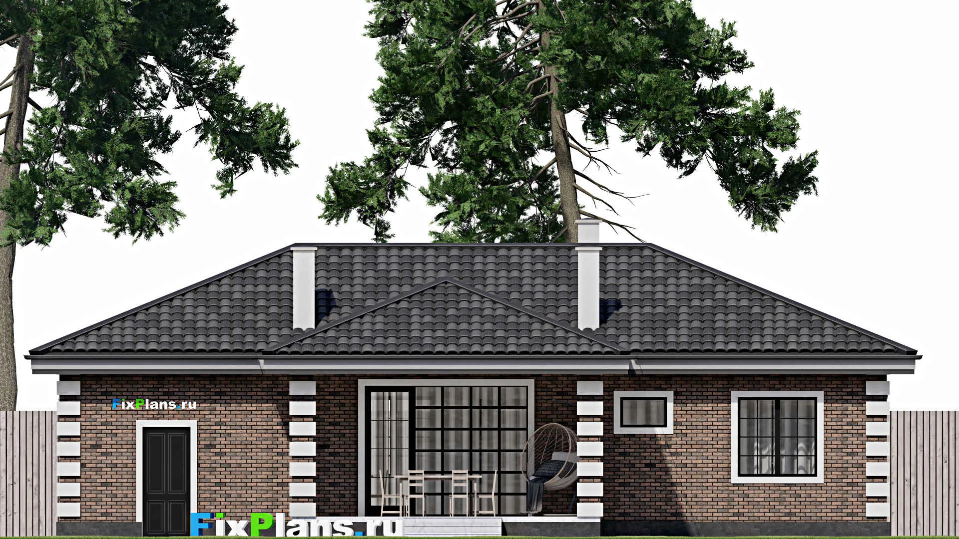 F-1169 - Проект одноэтажного дома 9 на 16, площадью 120 м² с террасой, гаражом на 1 машину и 2 спальнями