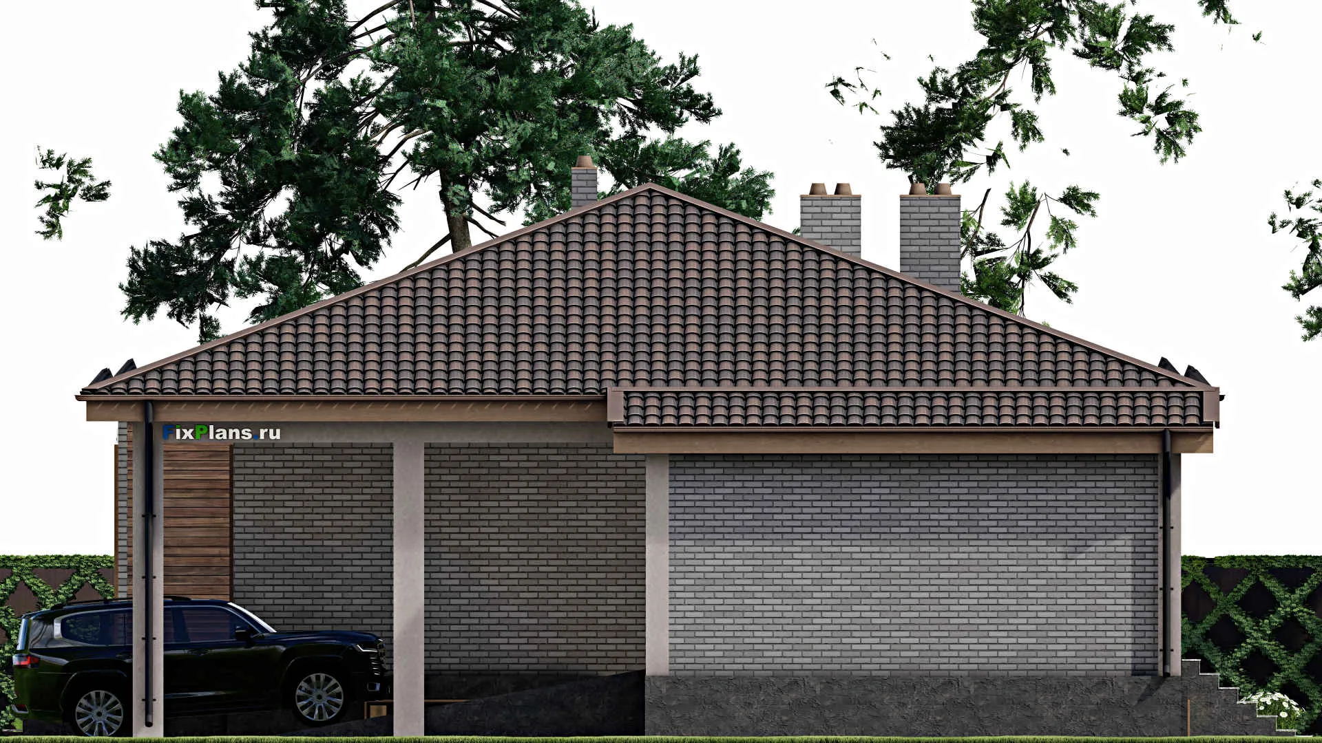 F-8243 - Проект одноэтажного дома 14 на 20, площадью 290 м² с террасой, цокольным этажом, гаражом на 1 машину и 3 спальнями